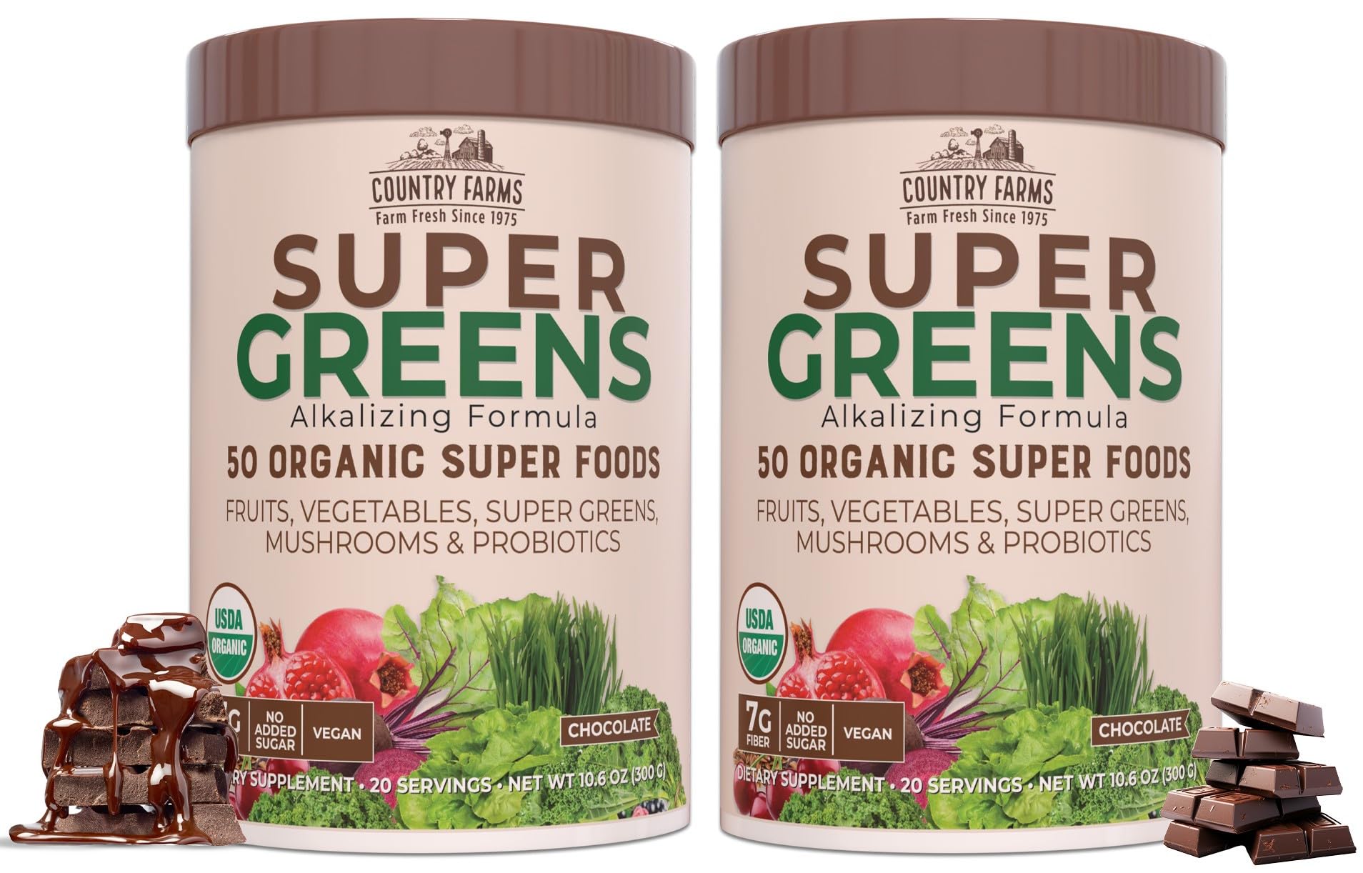 Country Farms Super Greens Chocolate: sabor chocolate y bote, energía sostenida para la mañana.