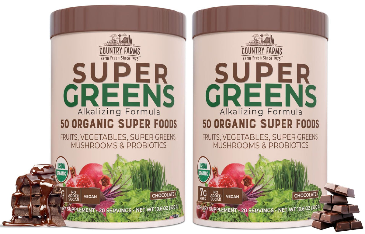 Country Farms Super Greens Chocolate: sabor chocolate y bote, energía sostenida para la mañana.