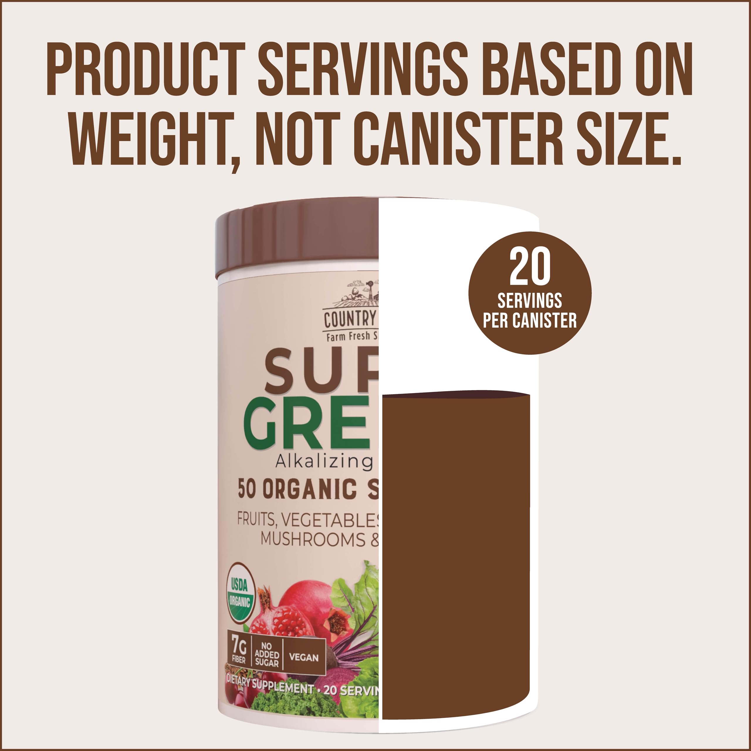 Country Farms Super Greens Chocolate: opción orgánica no-GMO para una nutrición diaria práctica.