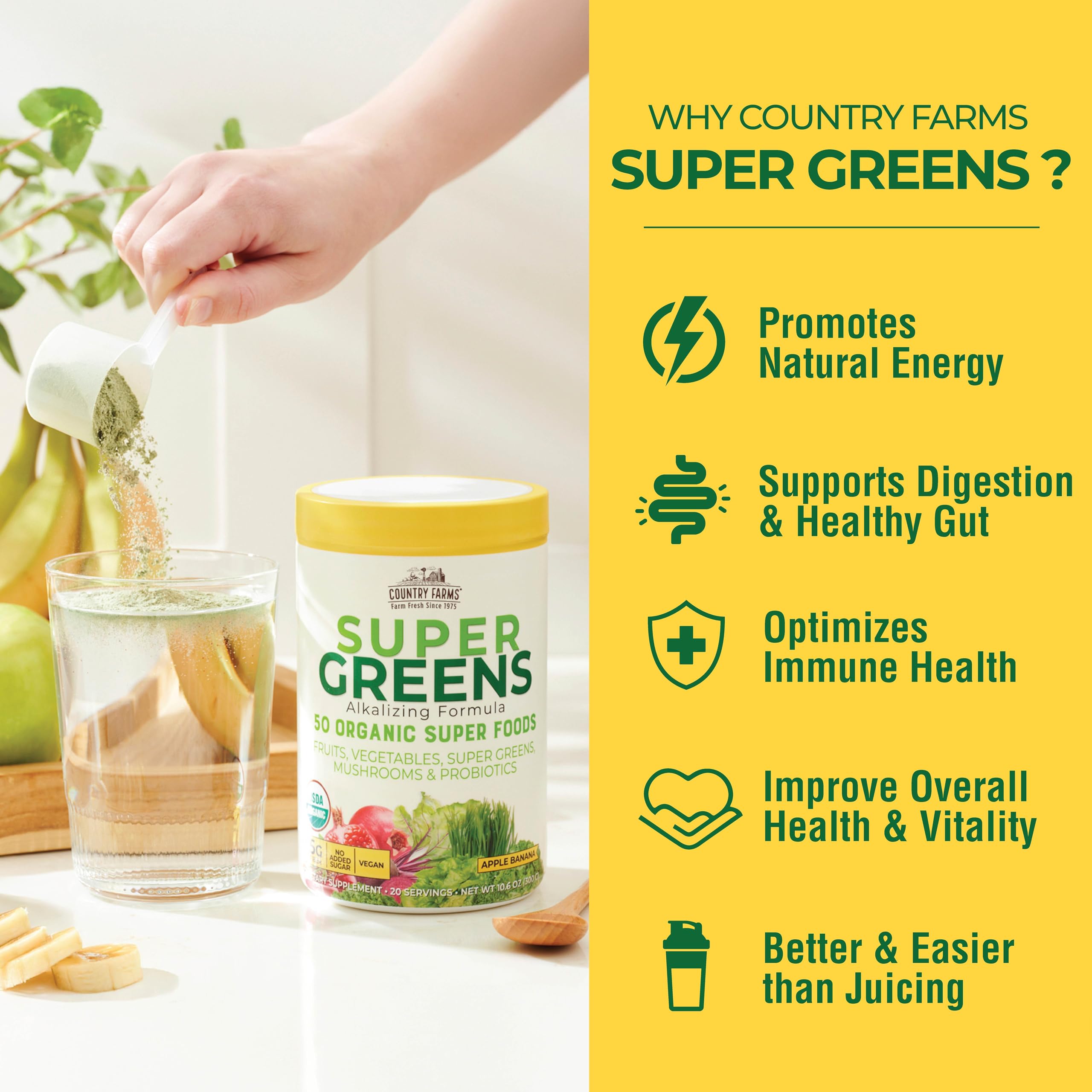 Cucharita de medición de Country Farms Super Greens para porciones fáciles.