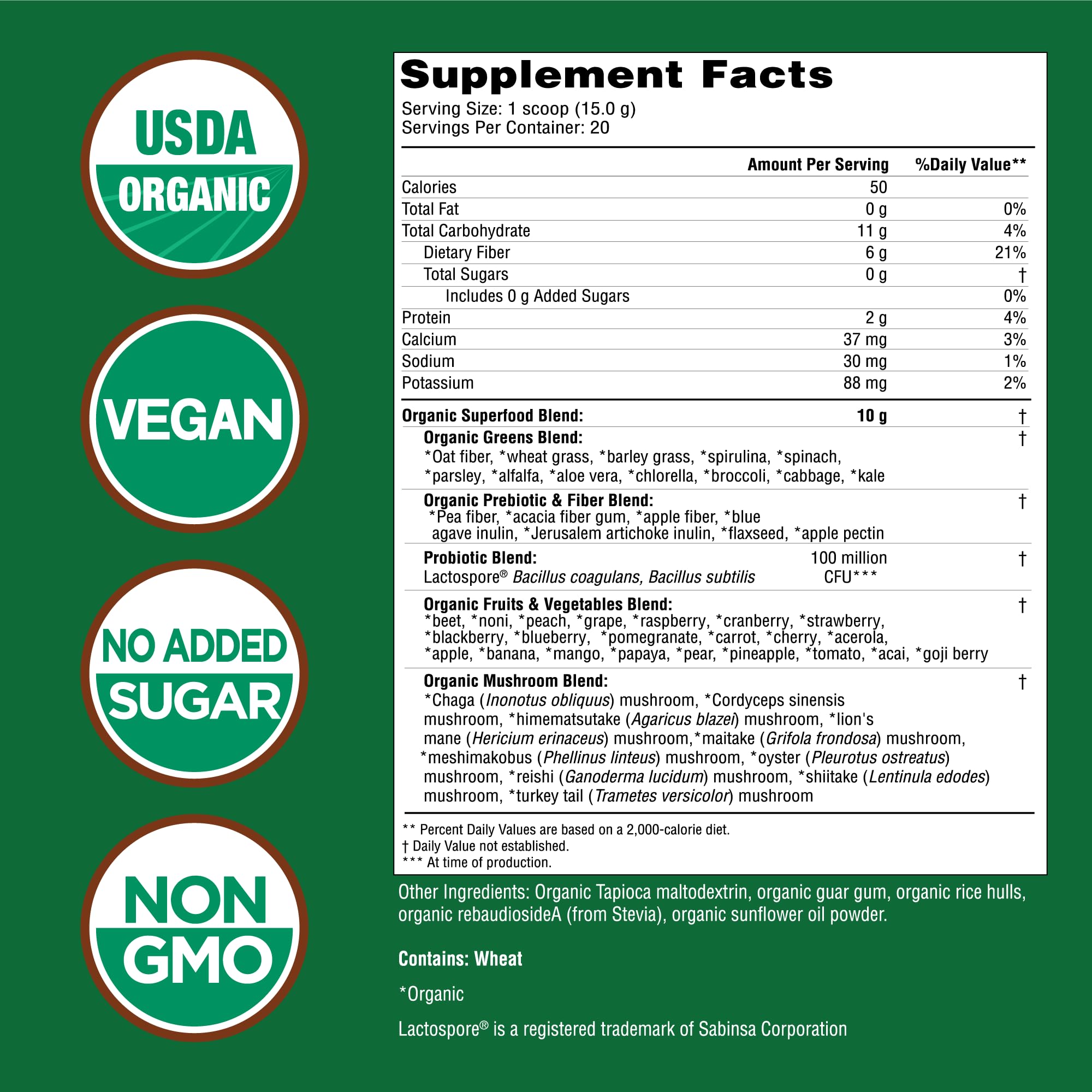 Country Farms Super Greens, lista de ingredientes clave, 50 superalimentos para nutrición diaria.