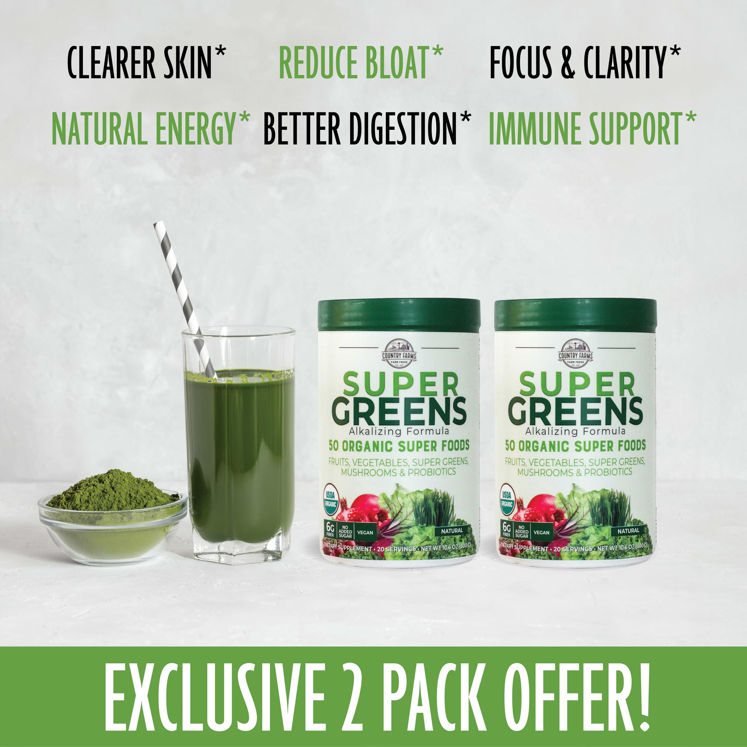 Country Farms Super Greens, polvo para batido, fácil de incorporar al desayuno.