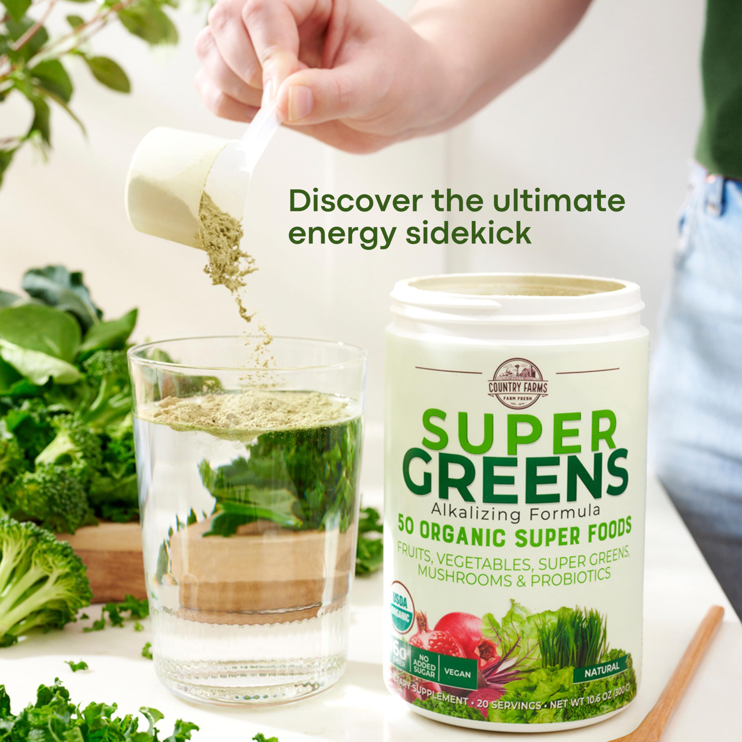 Country Farms Super Greens, etiqueta de probióticos y prebióticos para bienestar intestinal.