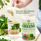 Country Farms Super Greens, etiqueta de probióticos y prebióticos para bienestar intestinal.
