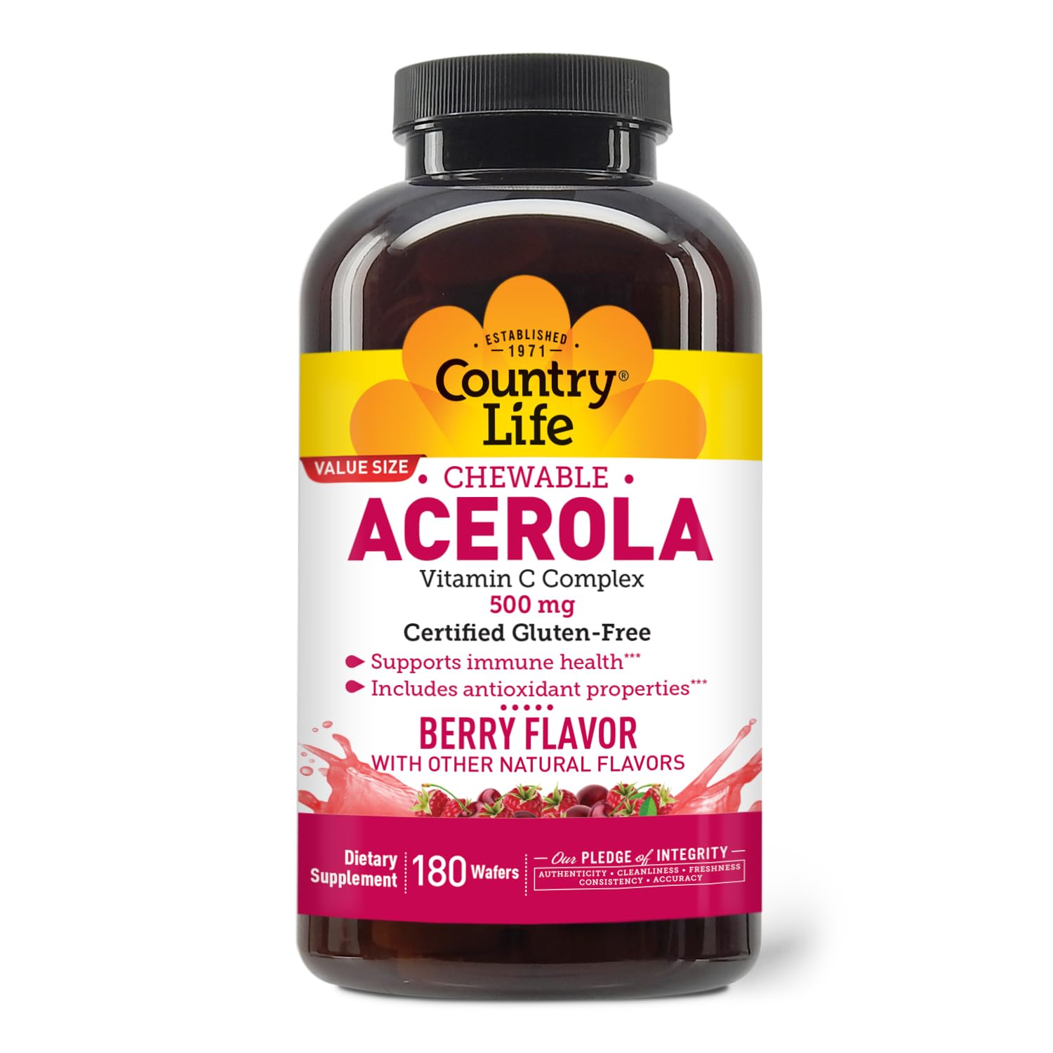 Country Life Acerola Vitamina C, botella con bolas sabor frambuesa, para apoyar la defensa natural diaria.