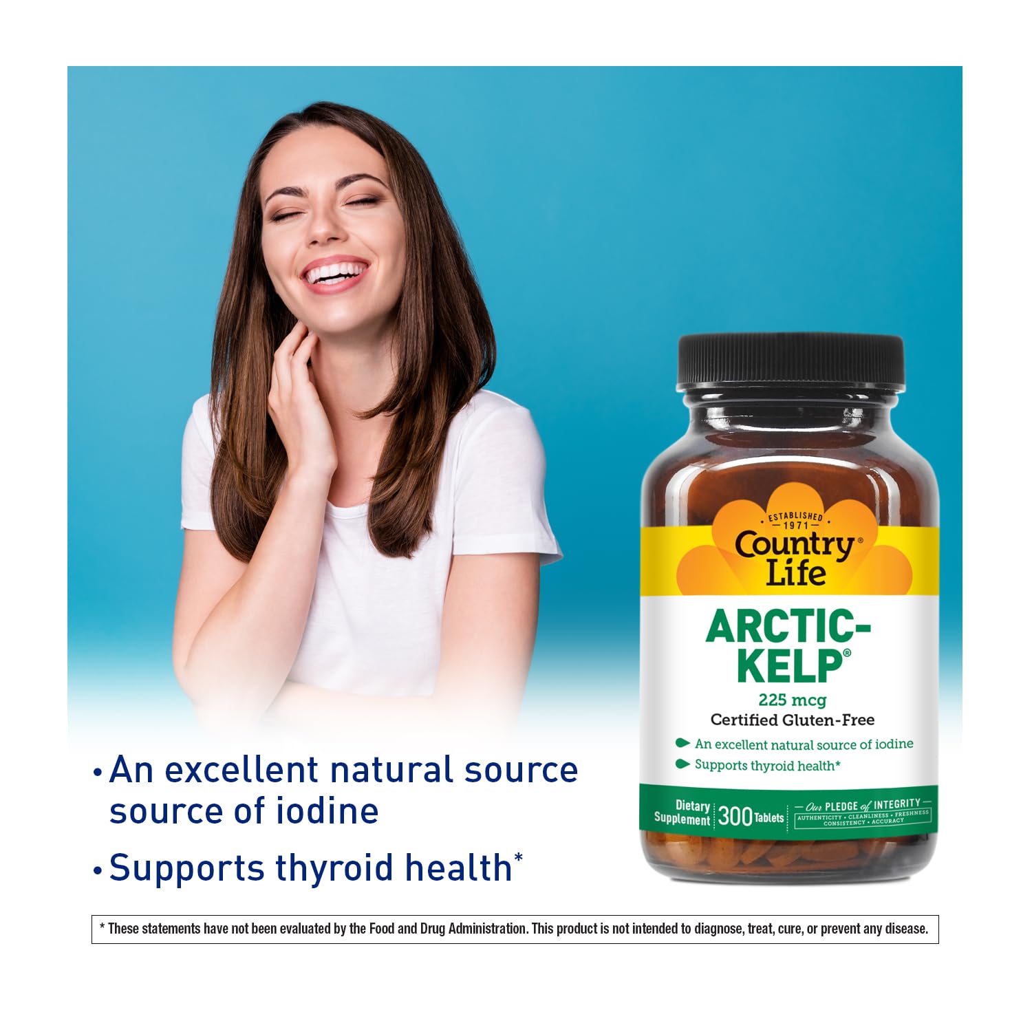 Country Life Arctic-Kelp etiqueta frontal destacando fórmula vegana y libre de alérgenos