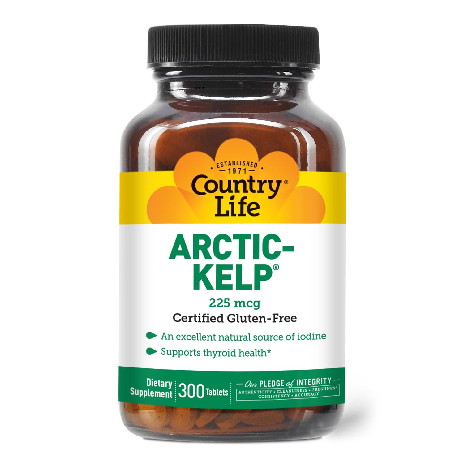 Country Life Arctic-Kelp, tabletas en botella mostrando su formato para apoyo tiroideo y energía