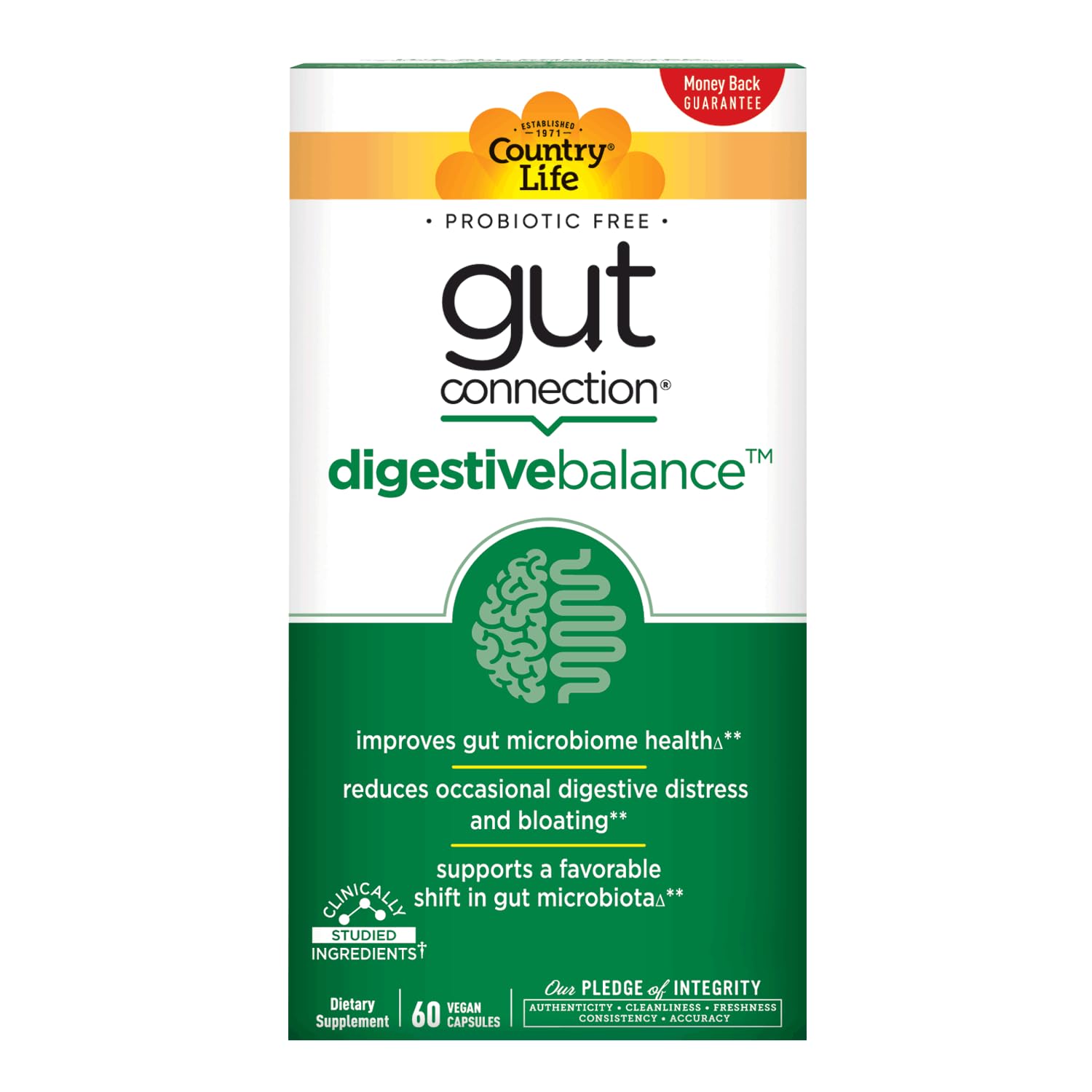 Country Life Gut Connection, Benegut hoja de perilla alivia hinchazón ocasional y malestar digestivo.