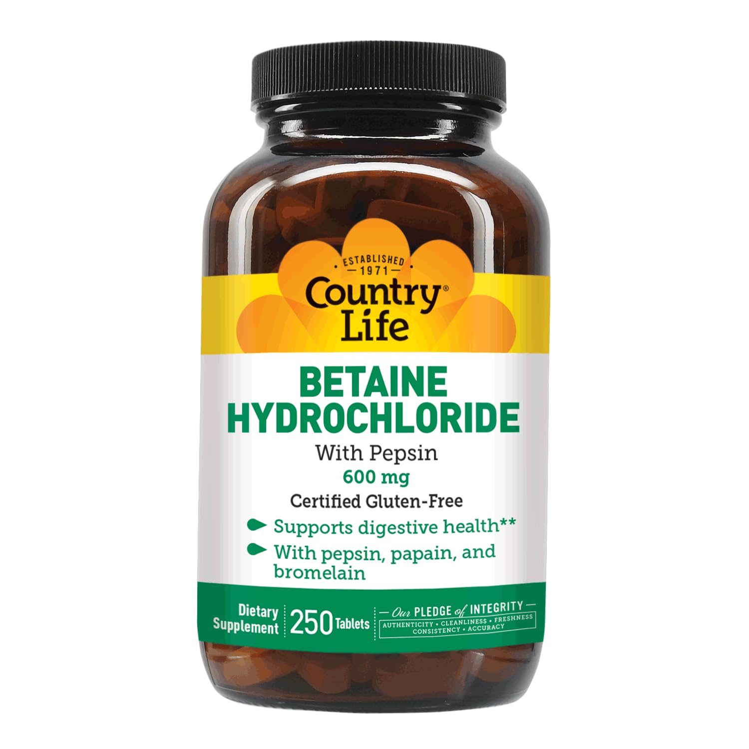 Country Life betaina hidroclorhidrica con pepsina, uso diario para apoyar la digestión tras la comida