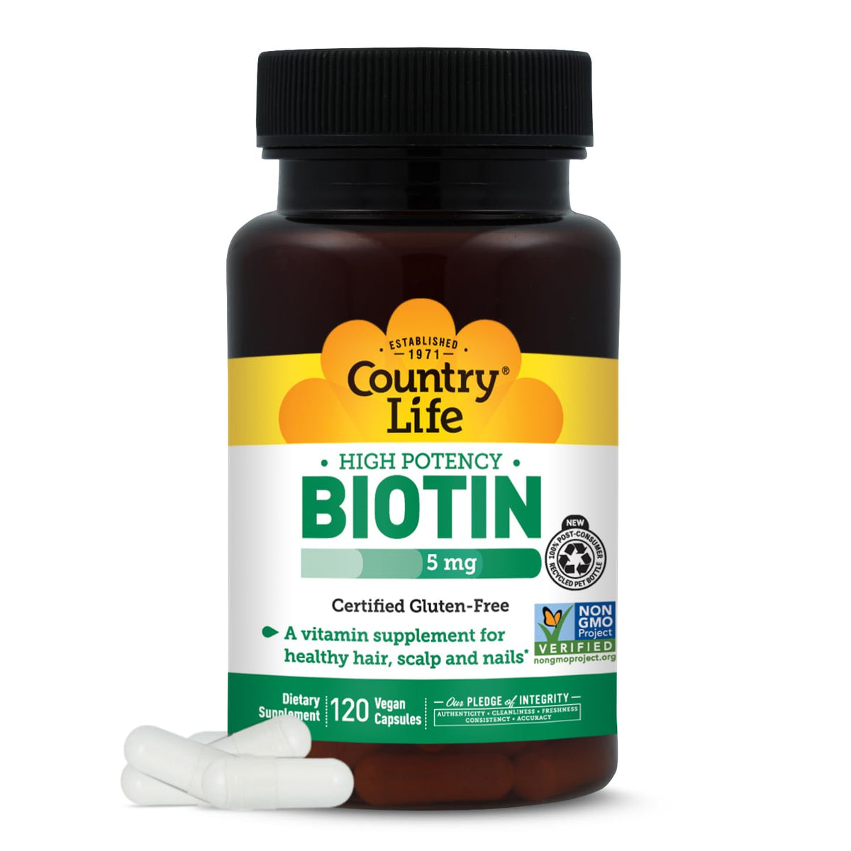 Country Life Biotina 5 mg, cápsulas en frasco. Apoya la formación de queratina para piel, cabello y uñas.