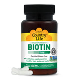Country Life Biotina 5 mg, cápsulas en frasco. Apoya la formación de queratina para piel, cabello y uñas.