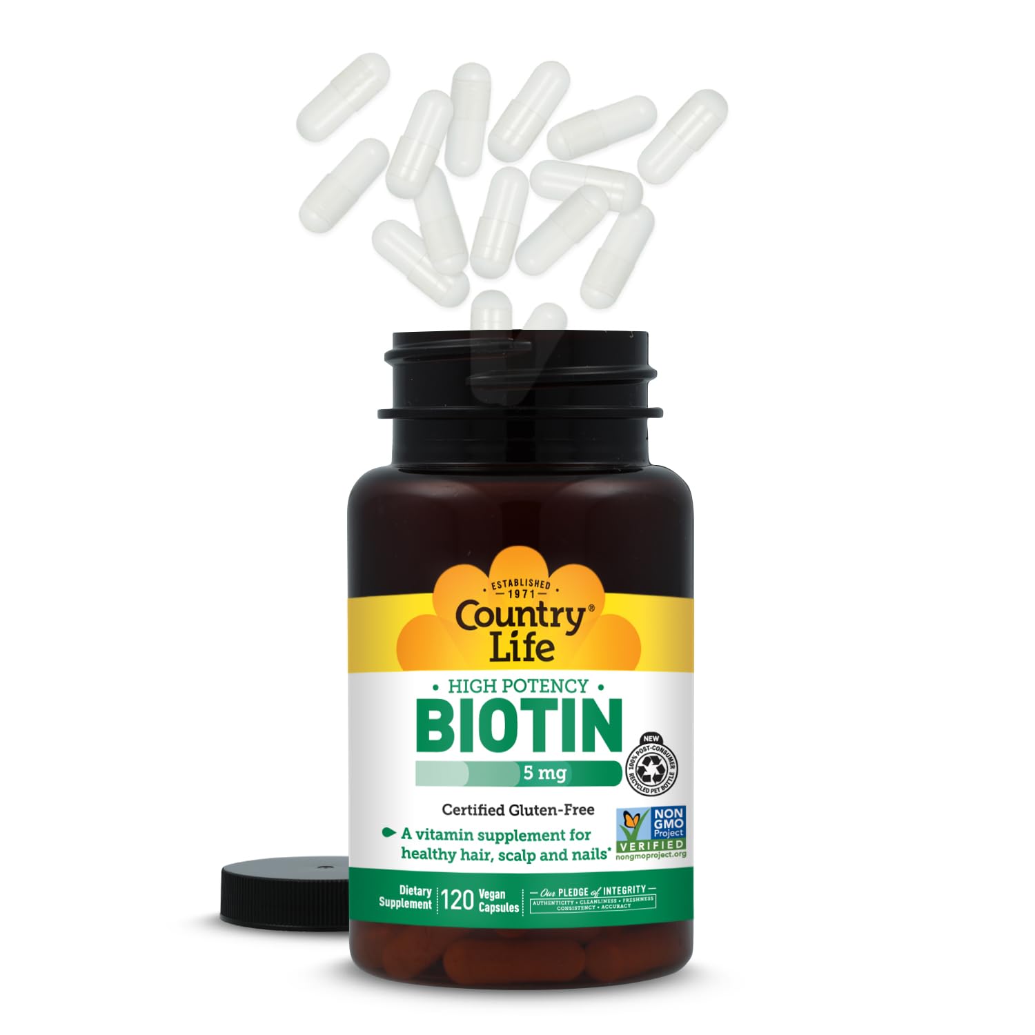 Certificado vegano Country Life 5 mg Biotina, opción libre de productos animales.