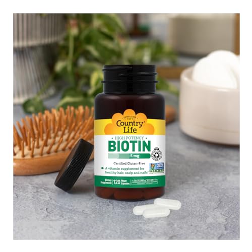 Cierre y tapa del frasco Country Life Biotina 5 mg, foco en seguridad.