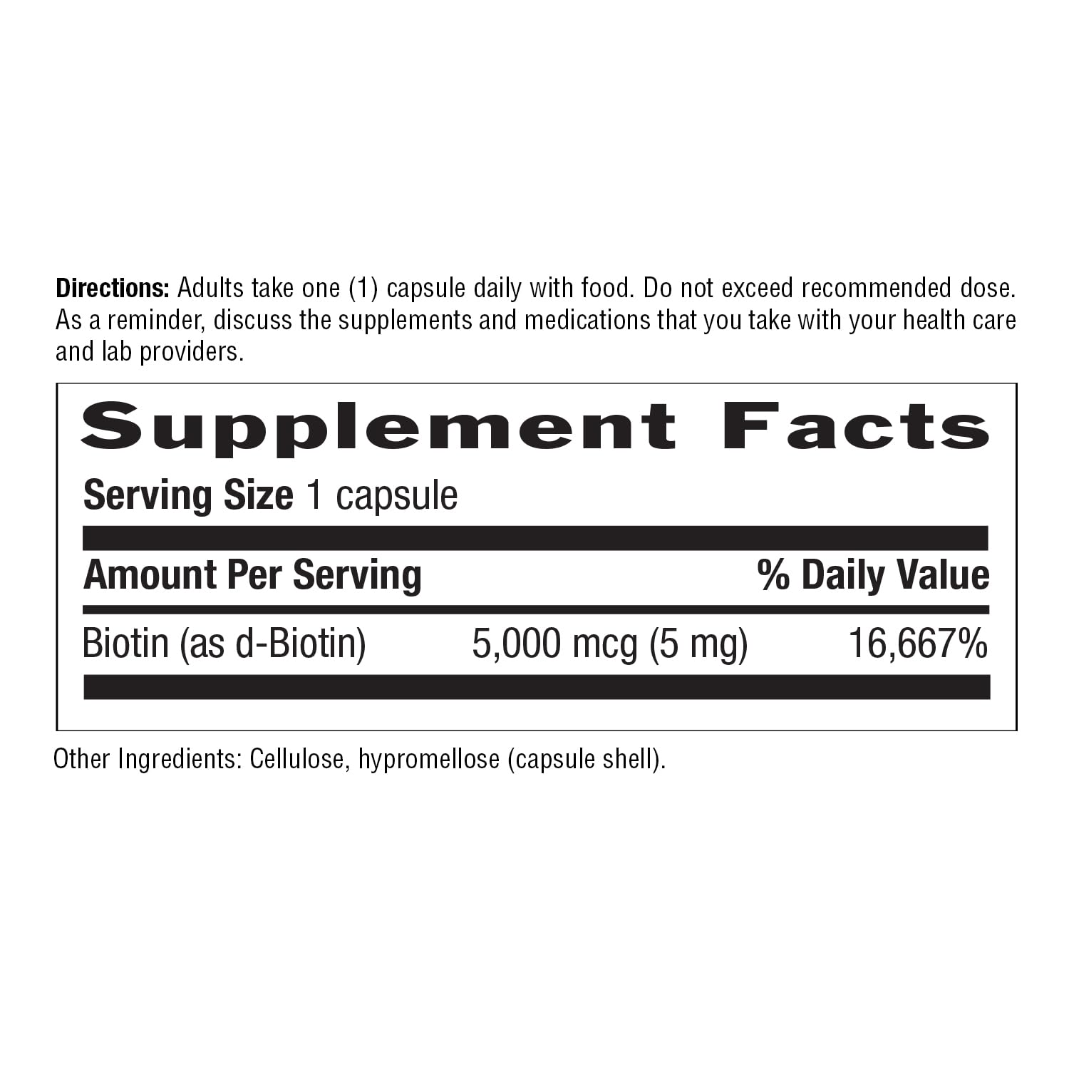 Ficha nutricional de Biotina 5 mg Country Life en frasco.
