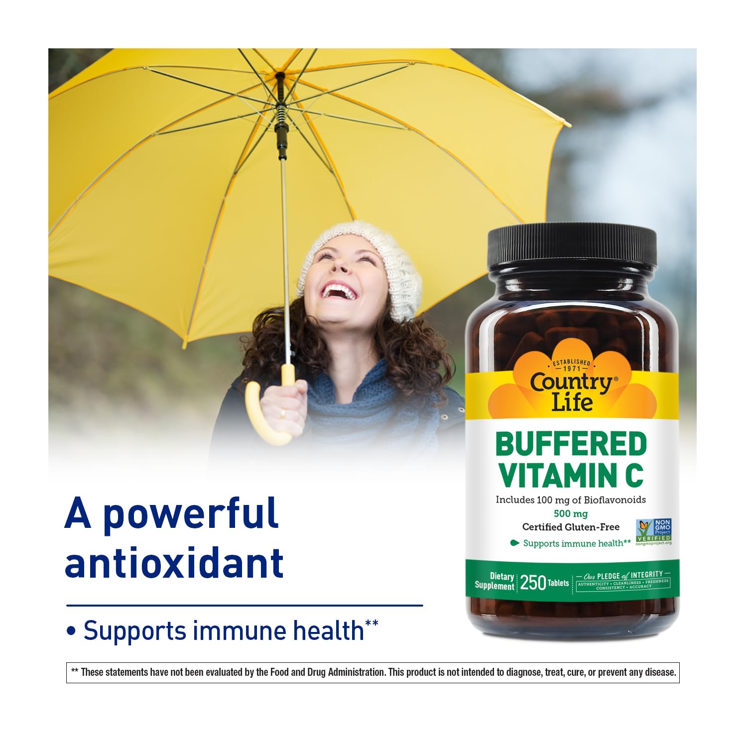 Blíster de tabletas Country Life Vitamina C bufferizada, fácil extracción.