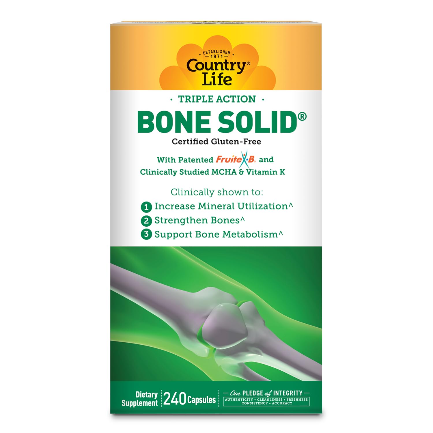 Country Life Bone Solid, botella de cápsulas, apoyo potencial a la salud ósea diaria.
