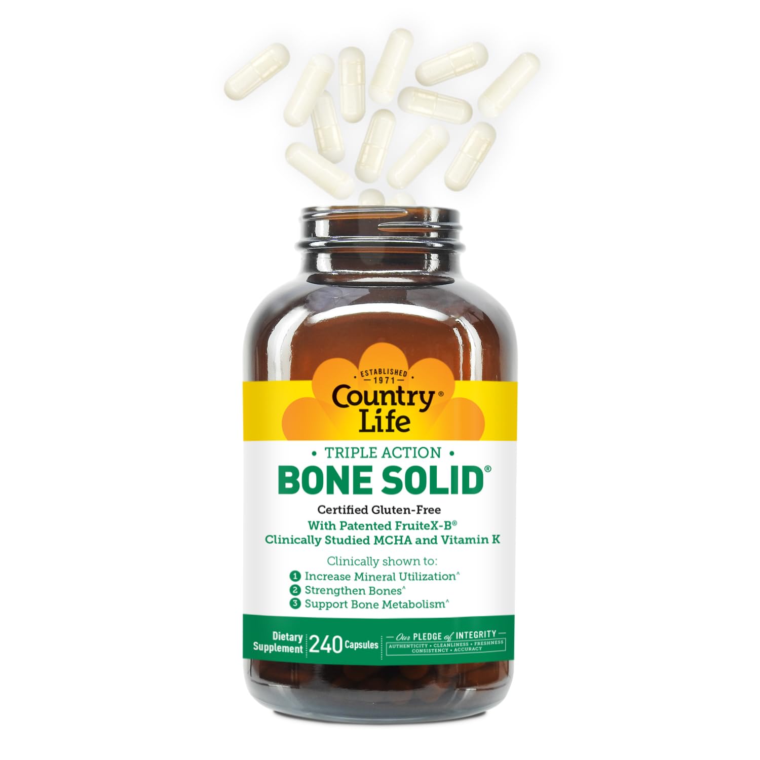 Country Life Bone Solid, cápsulas en empaque visible, 240 cápsulas para mes de uso.