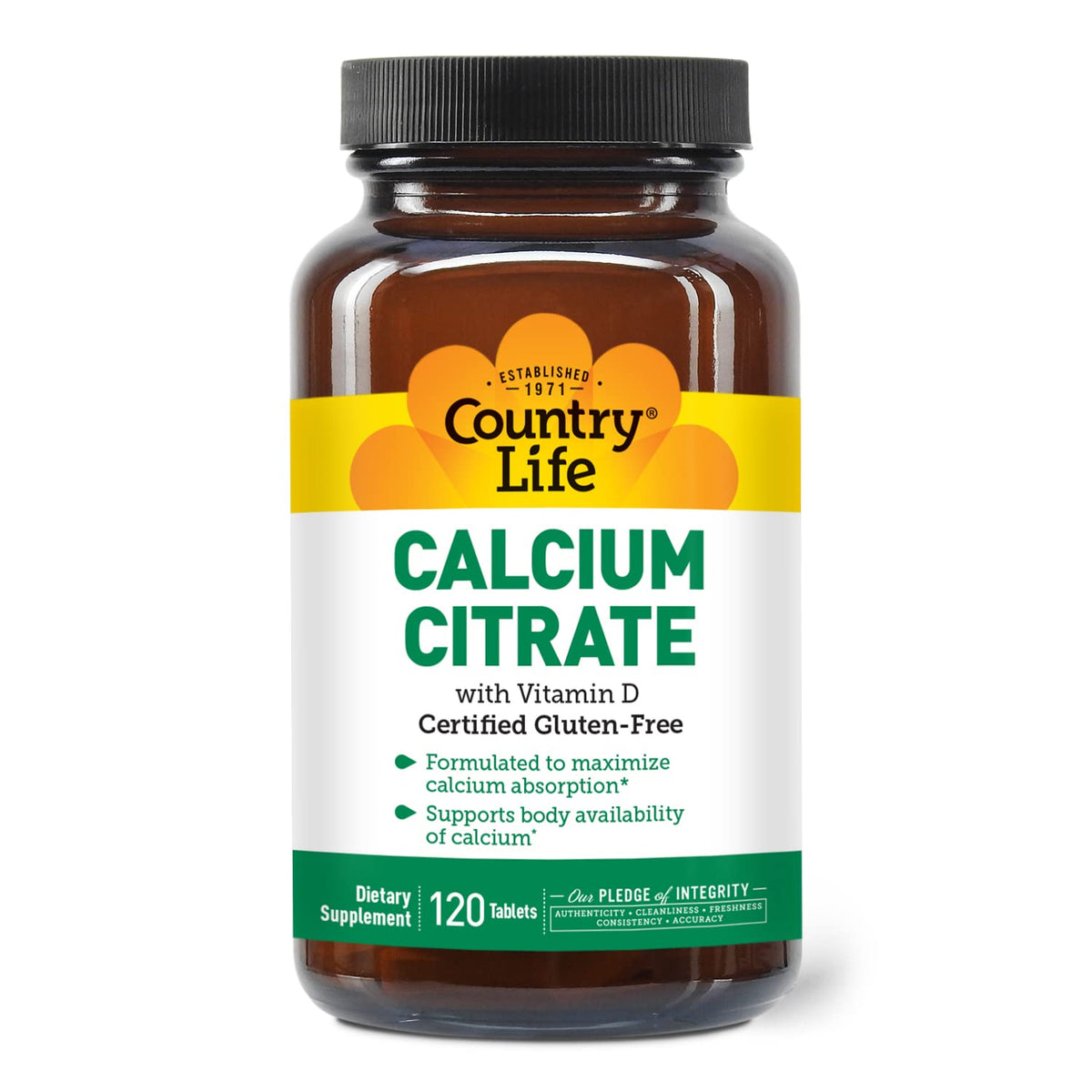 Country Life Calcium Citrato con Vitamina D: bote de 120 tabletas para uso diario.