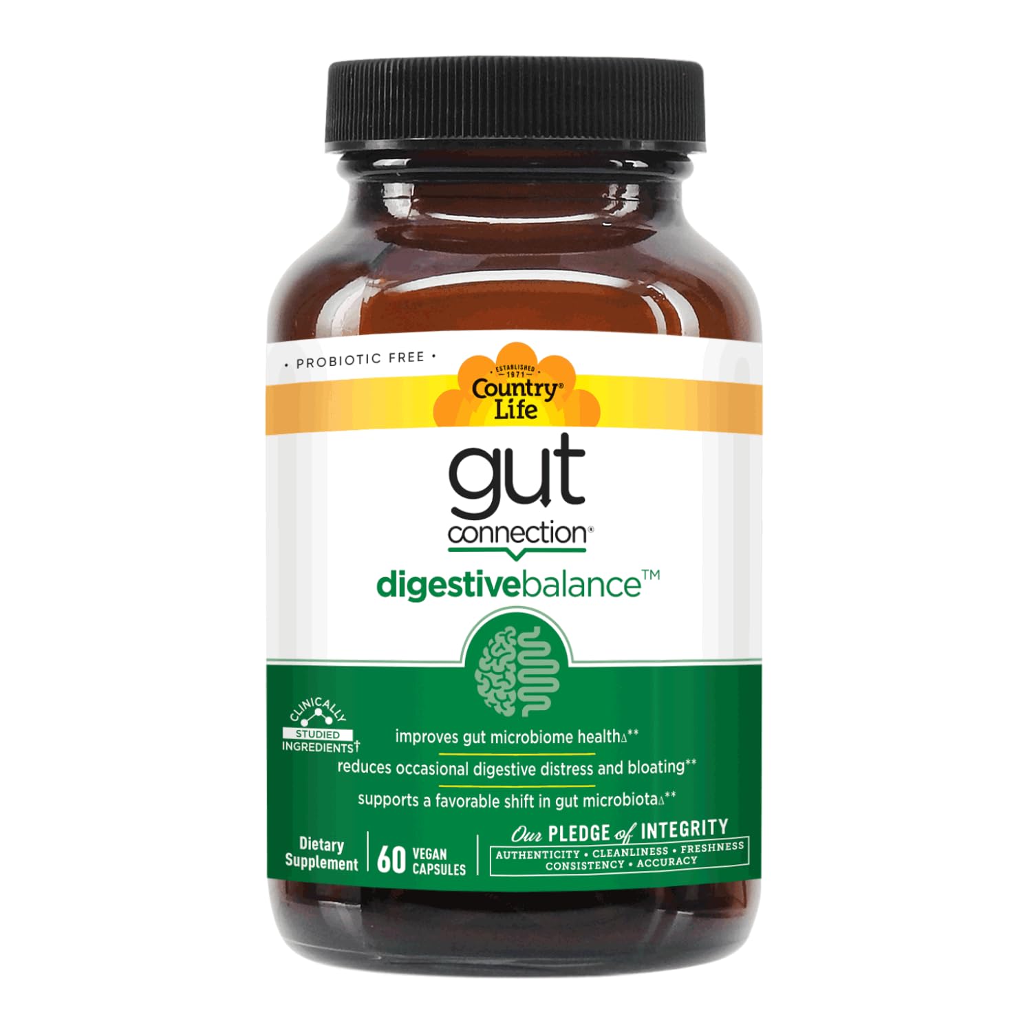 Country Life Gut Connection, certificado sin gluten, vegano y sin OGMs verificado.