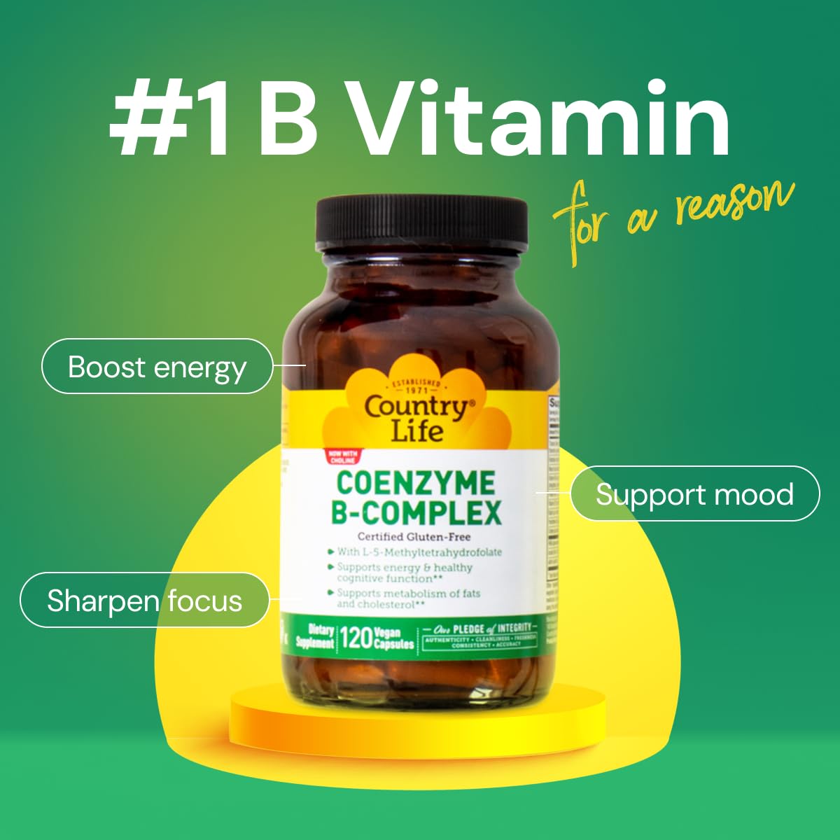 Country Life Coenzima B-Complejo: cápsulas de formulación bioactiva para absorción eficiente.