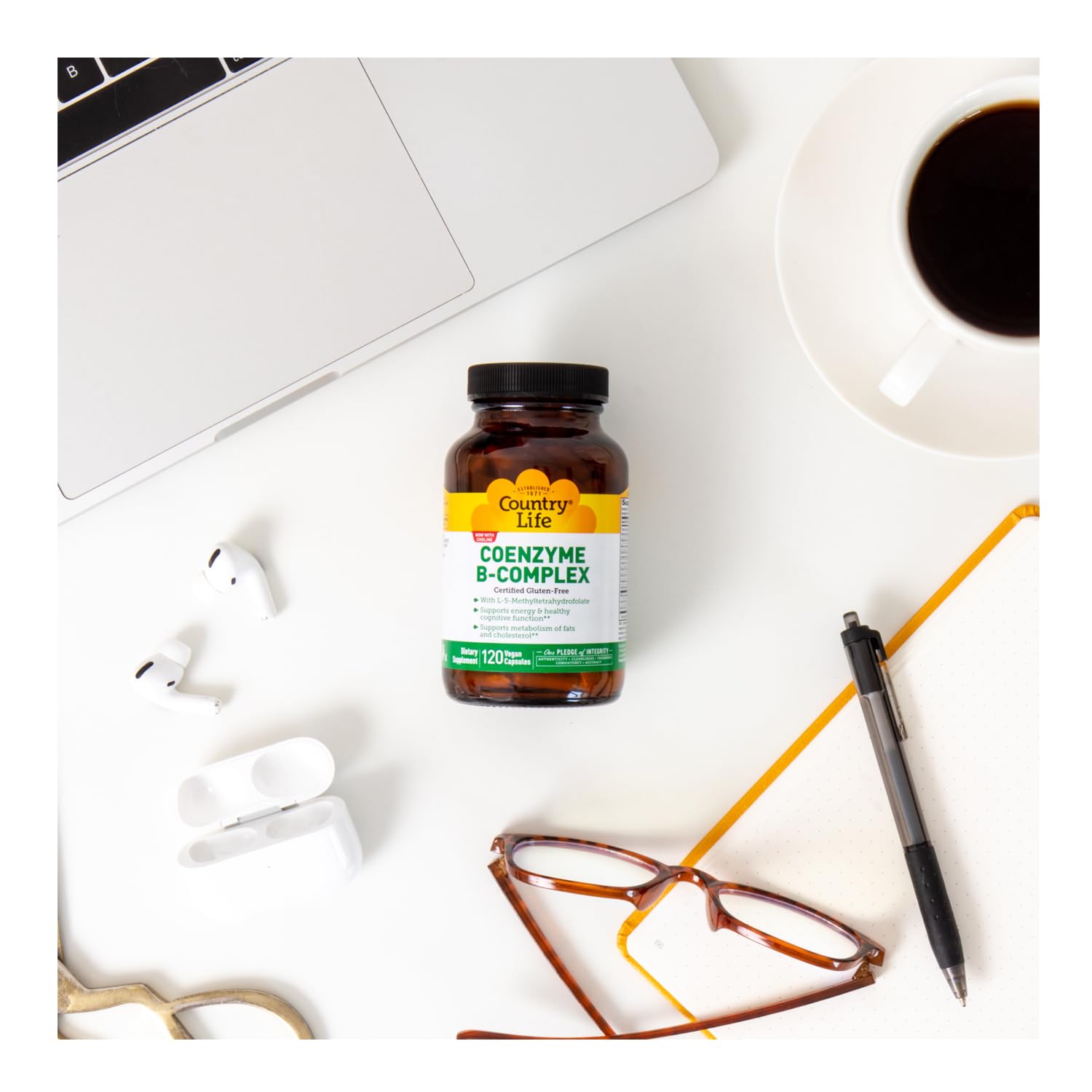 Country Life Coenzima B-Complejo: producto libre de gluten apto para veganos.