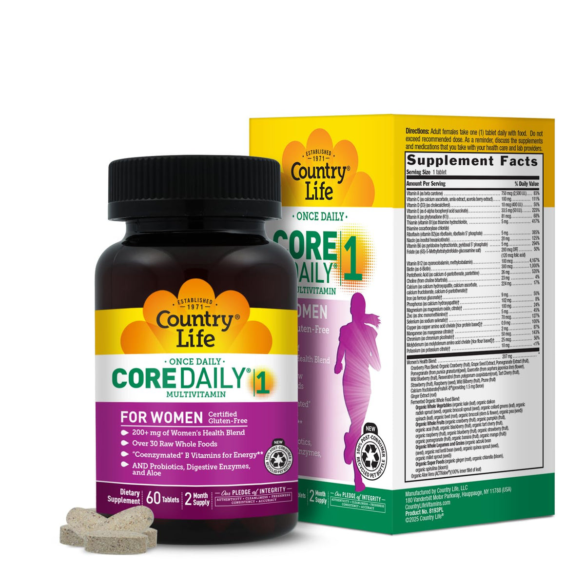 Country Life Core 1, tabletas multivitamínicas, apoyo de energía diaria para mujeres.