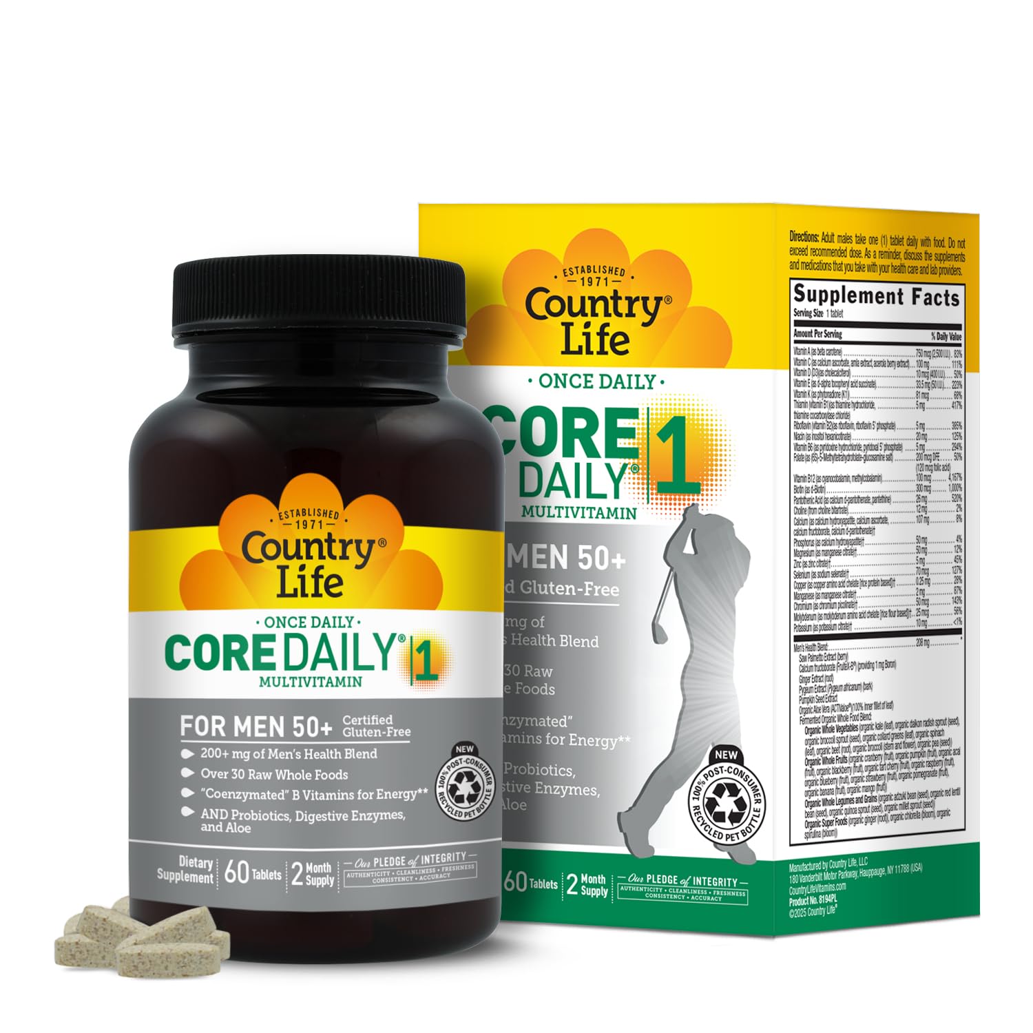 Country Life CORE DAILY-1 para hombres 50+ frente a la botella, apoyo a la vitalidad.