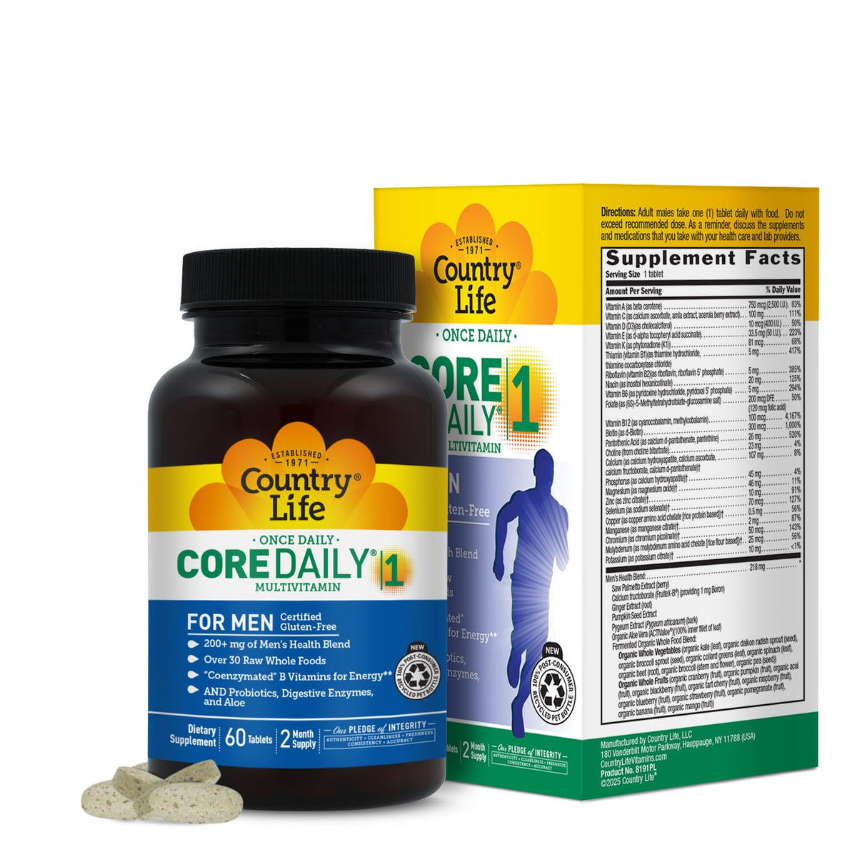 Country Life Core Daily-1 para hombres, frasco de tabletas para uso diario y energía sostenida.