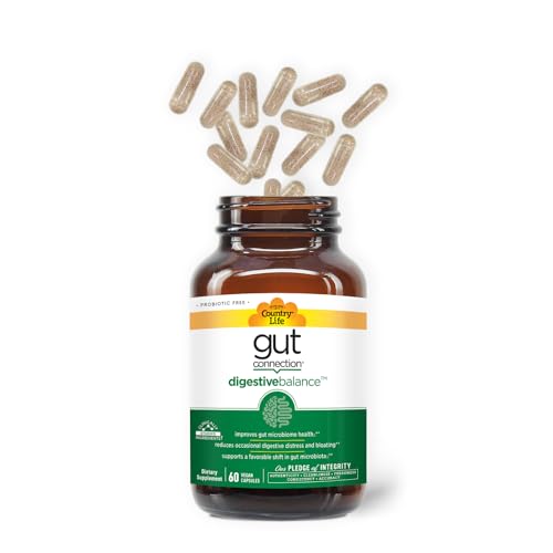 Country Life Gut Connection, toma diaria de 4 cápsulas para soporte digestivo y regularidad.