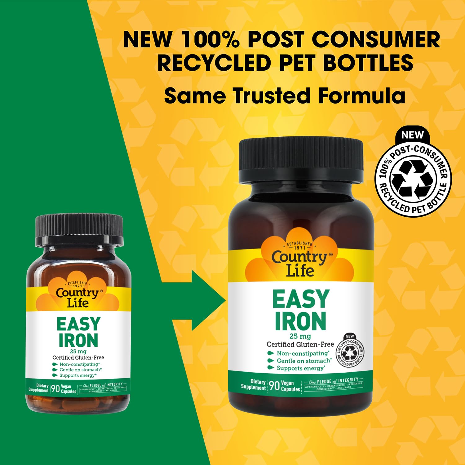 Etiqueta de Country Life Easy Iron 25 mg con información de uso claro.