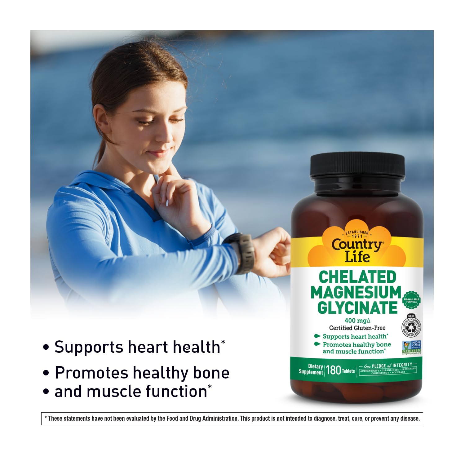 Country Life magnesio glicinato certificado, libre de gluten y vegano
