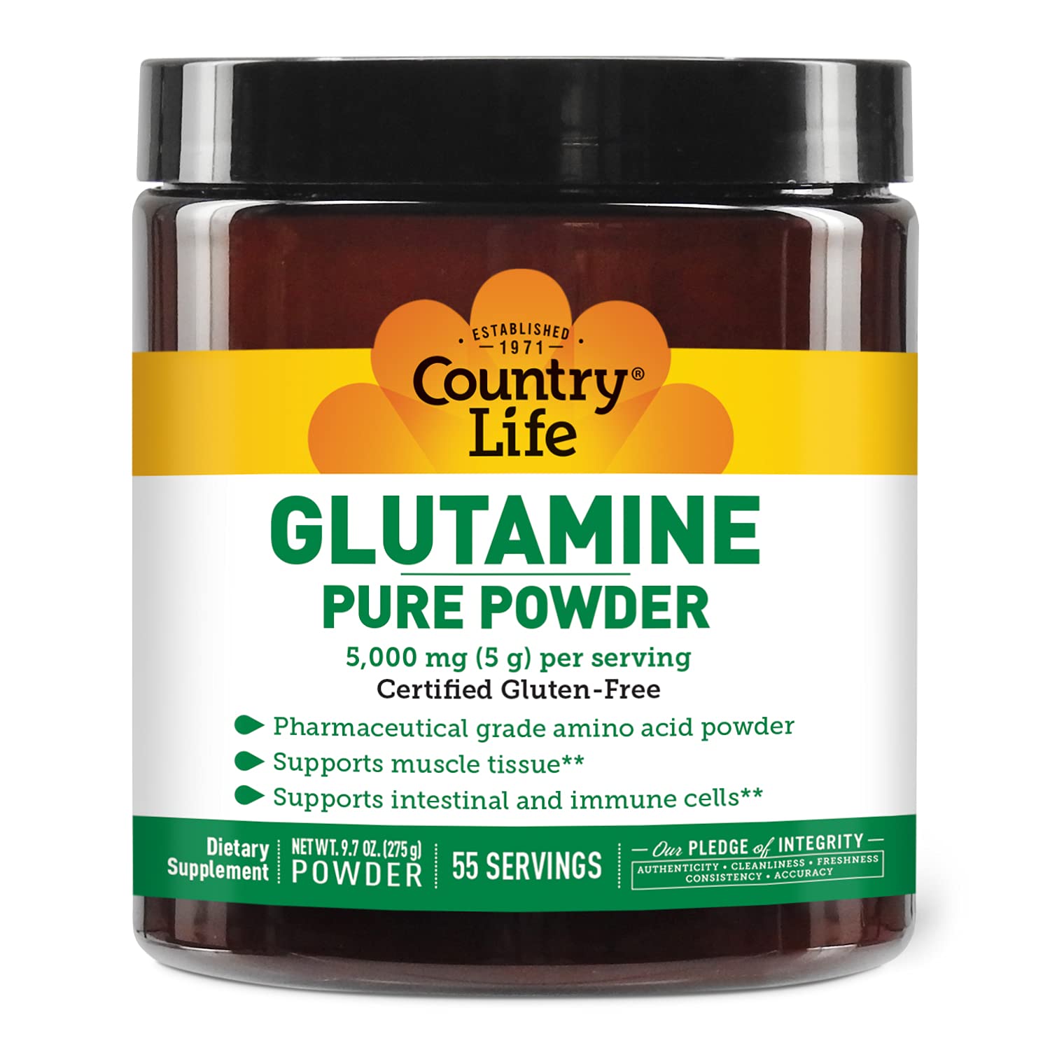 Country Life Glutamine Pure Powder en botella para apoyo muscular