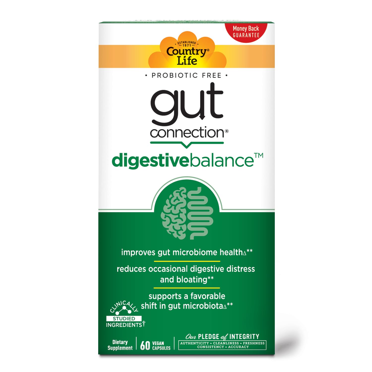 Country Life Gut Connection, frasco de cápsulas para apoyar la salud intestinal y el confort diario.