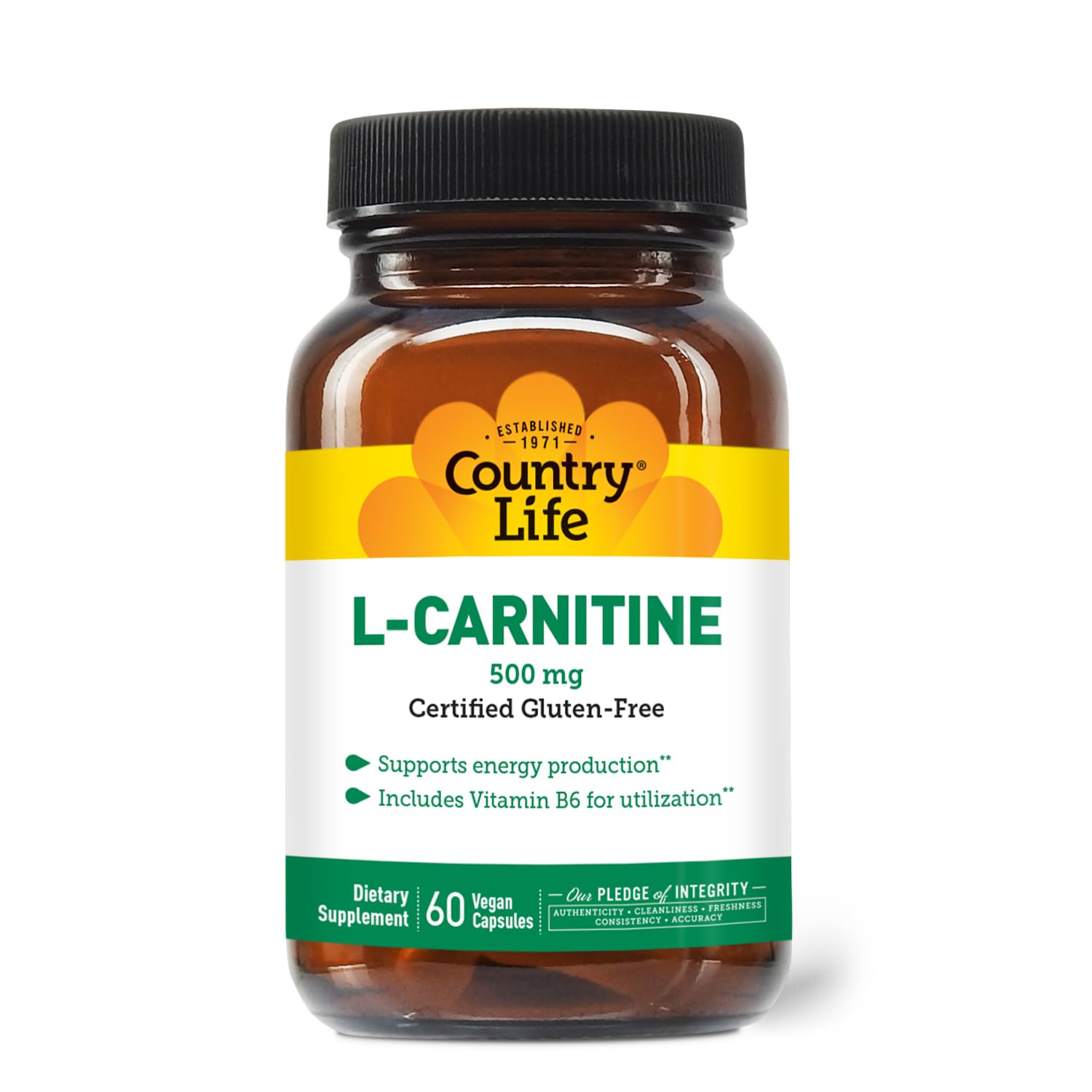 Country Life L-Carnitina 500 mg cápsulas veganas en frasco, apoyo a la energía diaria.