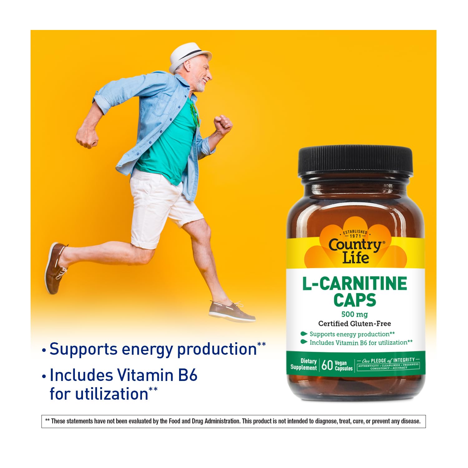 Frente del frasco Country Life L-Carnitina 500 mg con fórmula vegana.