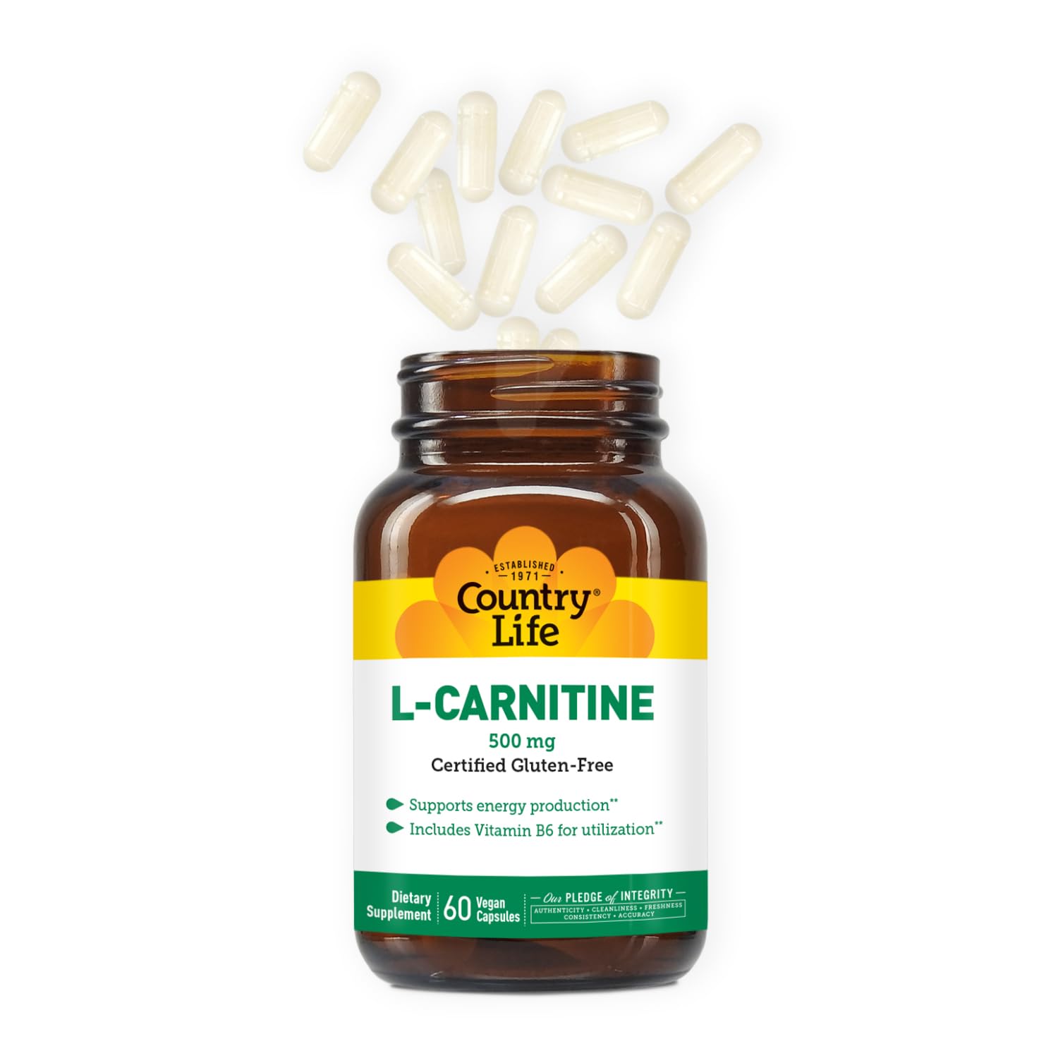 Etiqueta frontal de Country Life L-Carnitina 500 mg destacando su fórmula vegana.