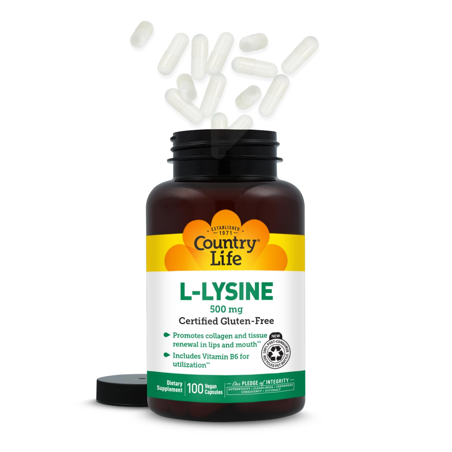 Frasco de Country Life L-Lisina 500mg con B-6, sin gluten certificado