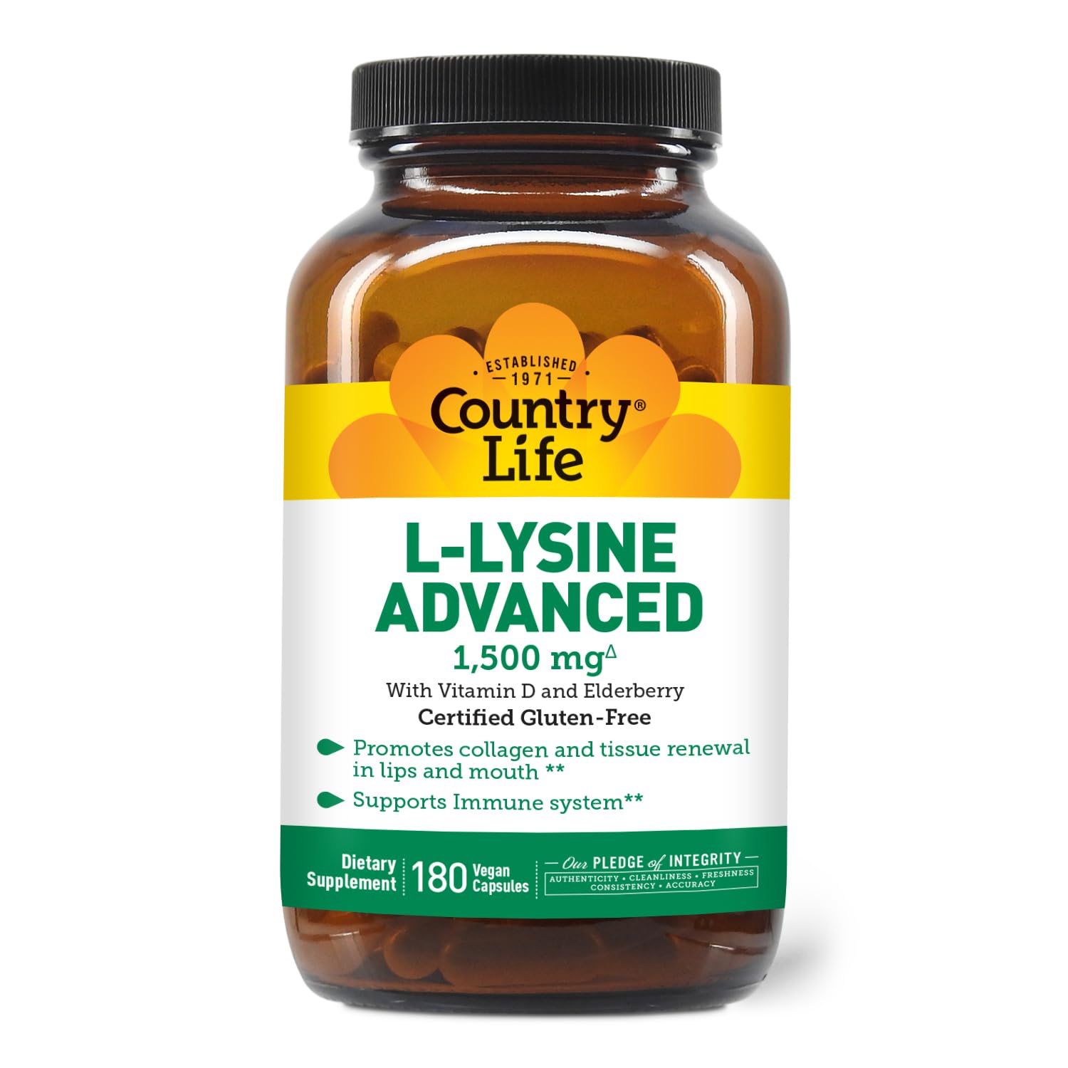 Country Life Lisina 1500mg cápsulas en empaque compacto para uso diario.