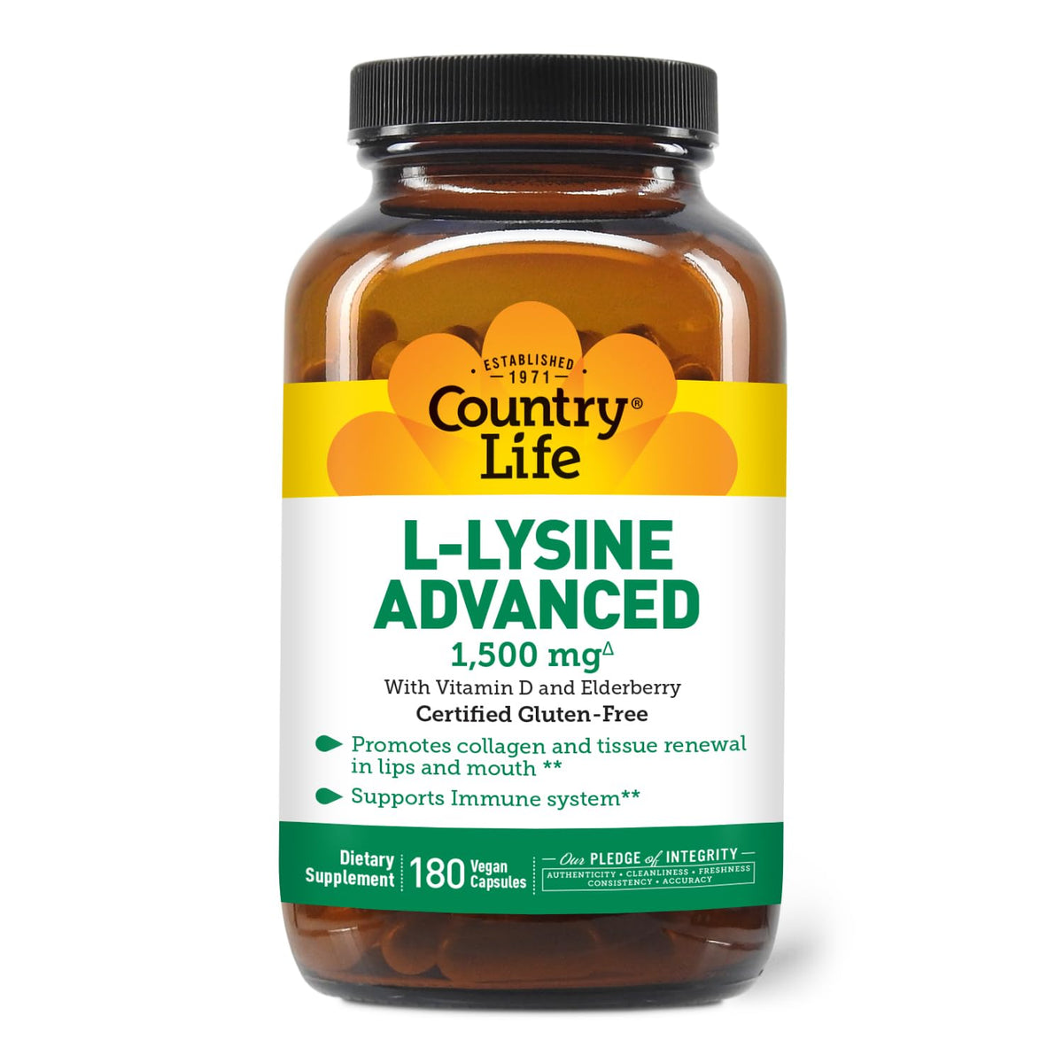 Country Life Lisina 1500mg cápsulas en empaque compacto para uso diario.