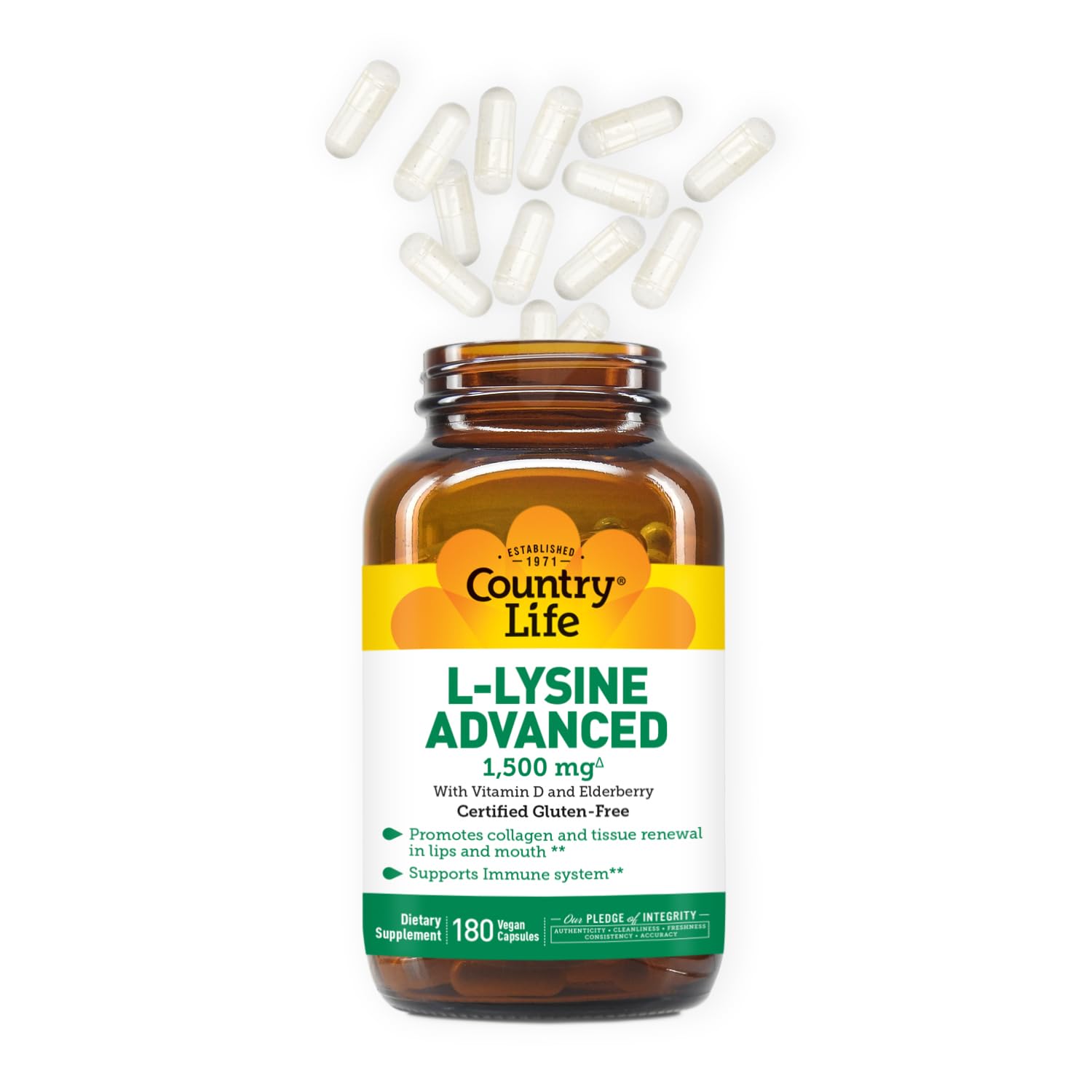 Country Life Lisina 1500mg: etiqueta clara para identificar dosis diaria.