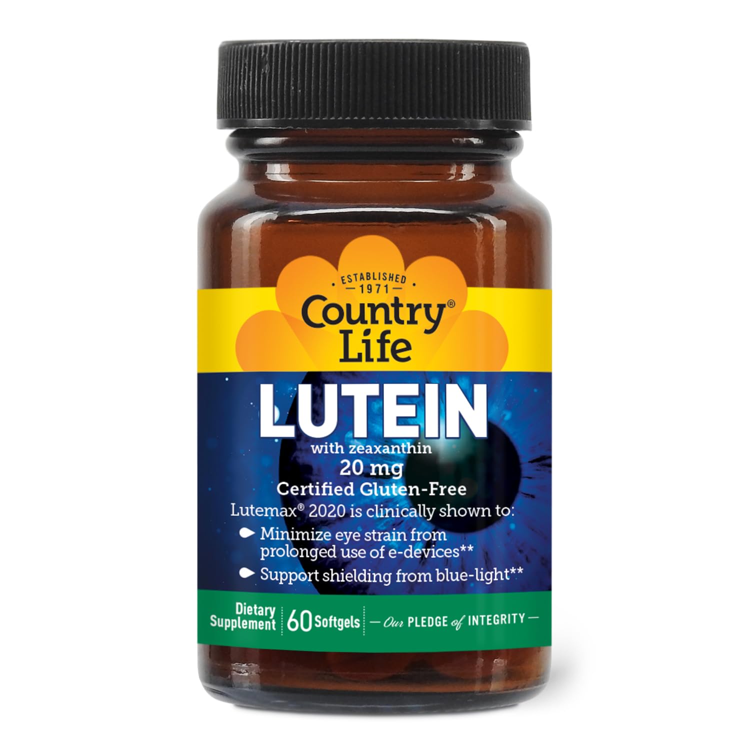 Country Life Lutein 20 mg botella: soporte diario para la salud ocular.