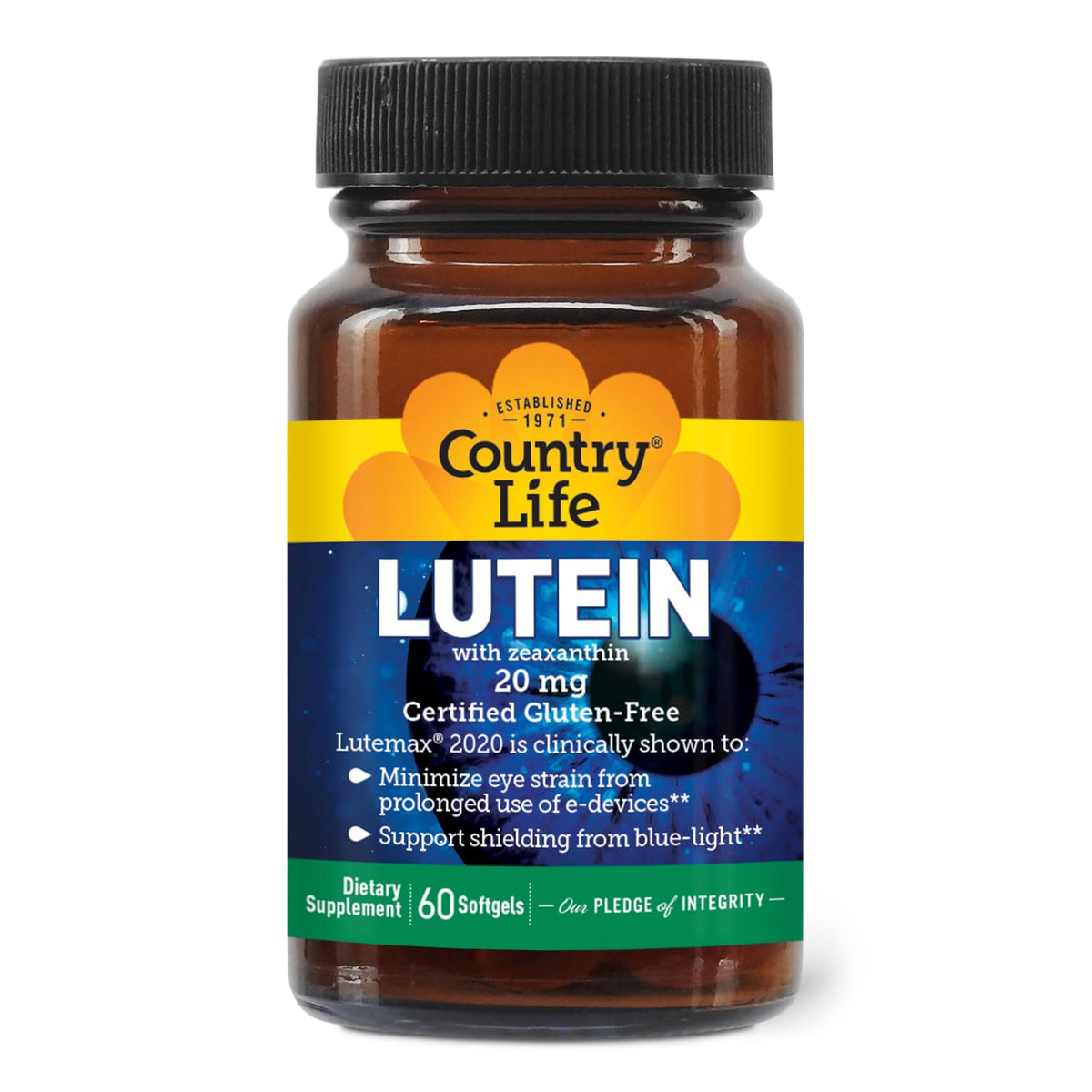 Country Life Lutein 20 mg botella: soporte diario para la salud ocular.