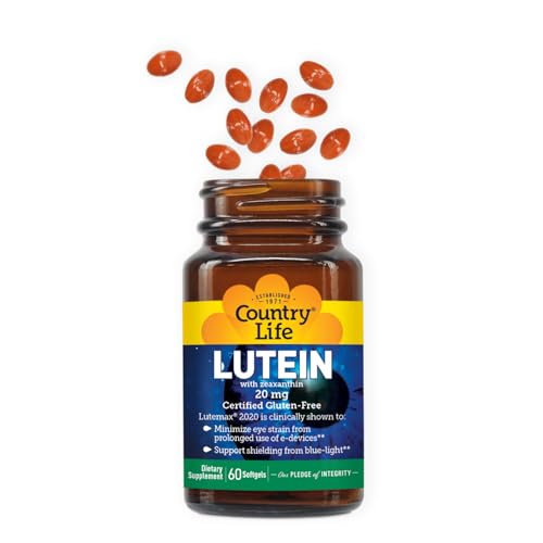 Country Life Lutein 20 mg etiqueta: dosis diaria para apoyo de la vista.