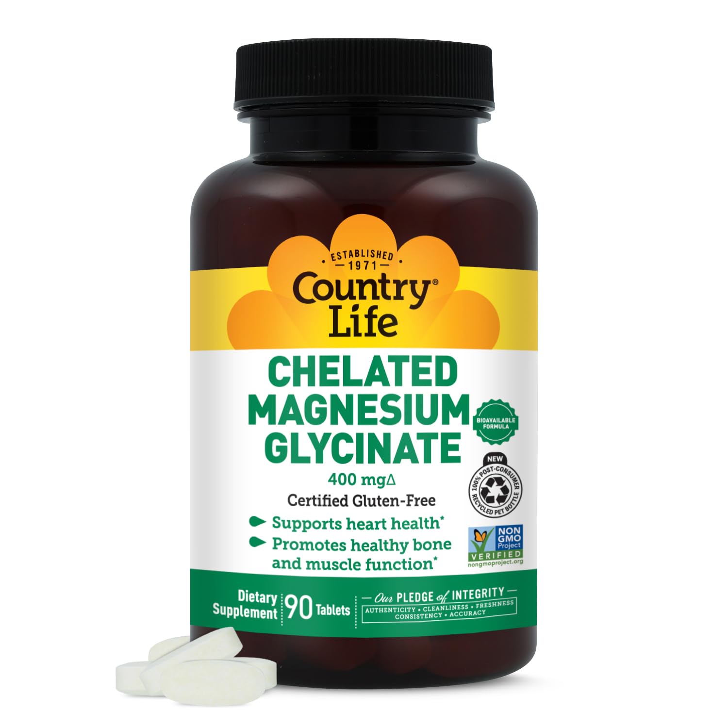 Country Life magnesio glicinato 400 mg en botella, absorción suave para bienestar diario.
