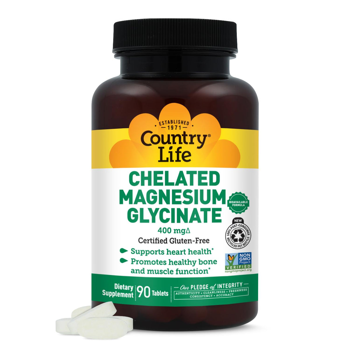 Country Life magnesio glicinato 400 mg en botella, absorción suave para bienestar diario.