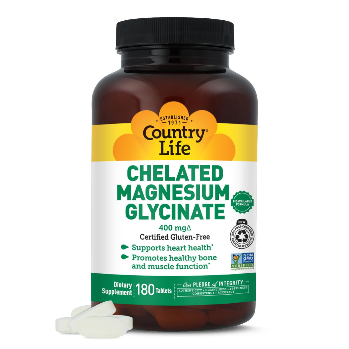 Country Life magnesio glicinato 400 mg en tabletas, absorción alta para músculos