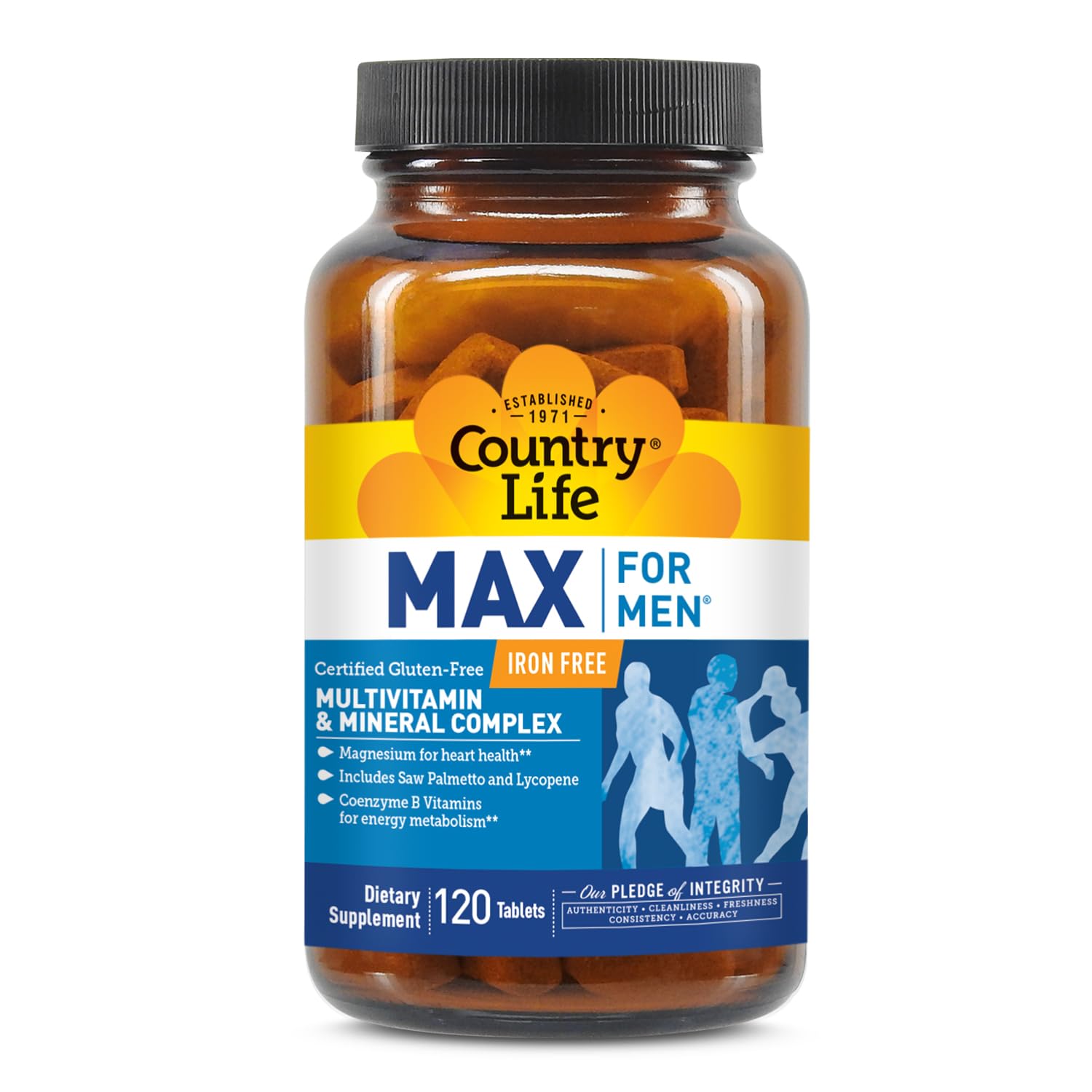 Country Life Max Hombres Tabletas, multivitamínico sin hierro para energía diaria.