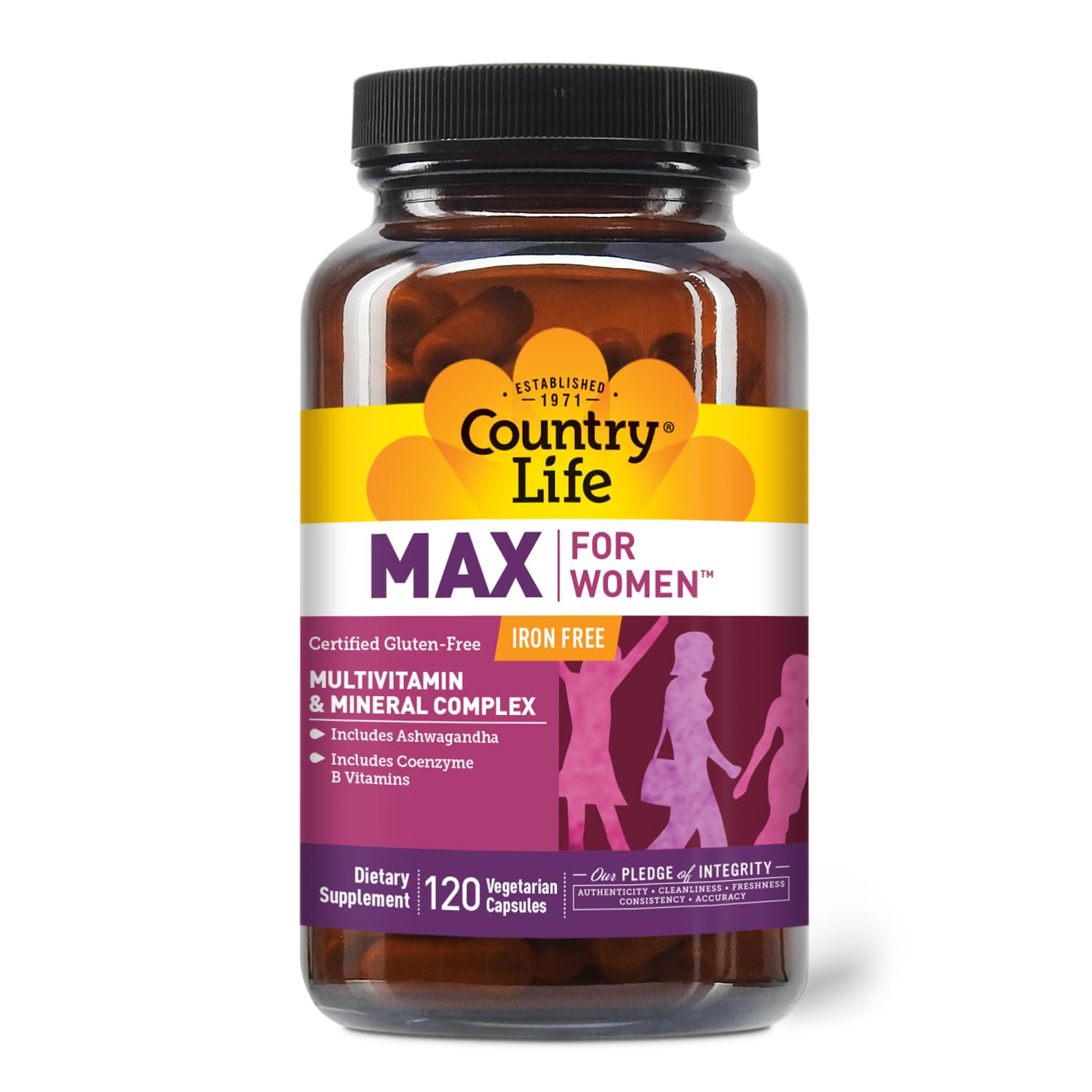 Country Life Max para mujeres: botella visible con dosis diarias para energía sostenida.