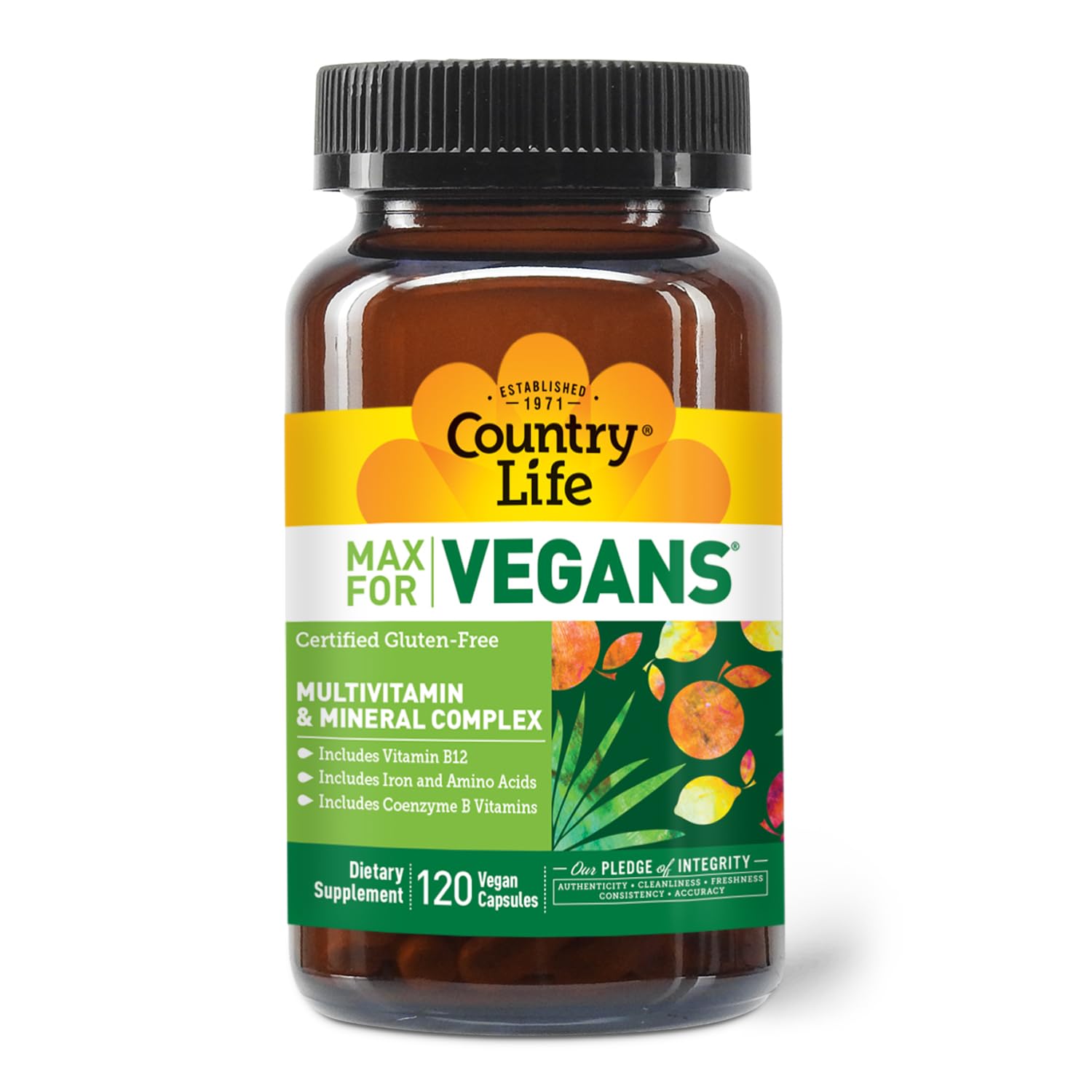 Country Life Max para Veganos: etiqueta frontal destaca vegano y sin gluten