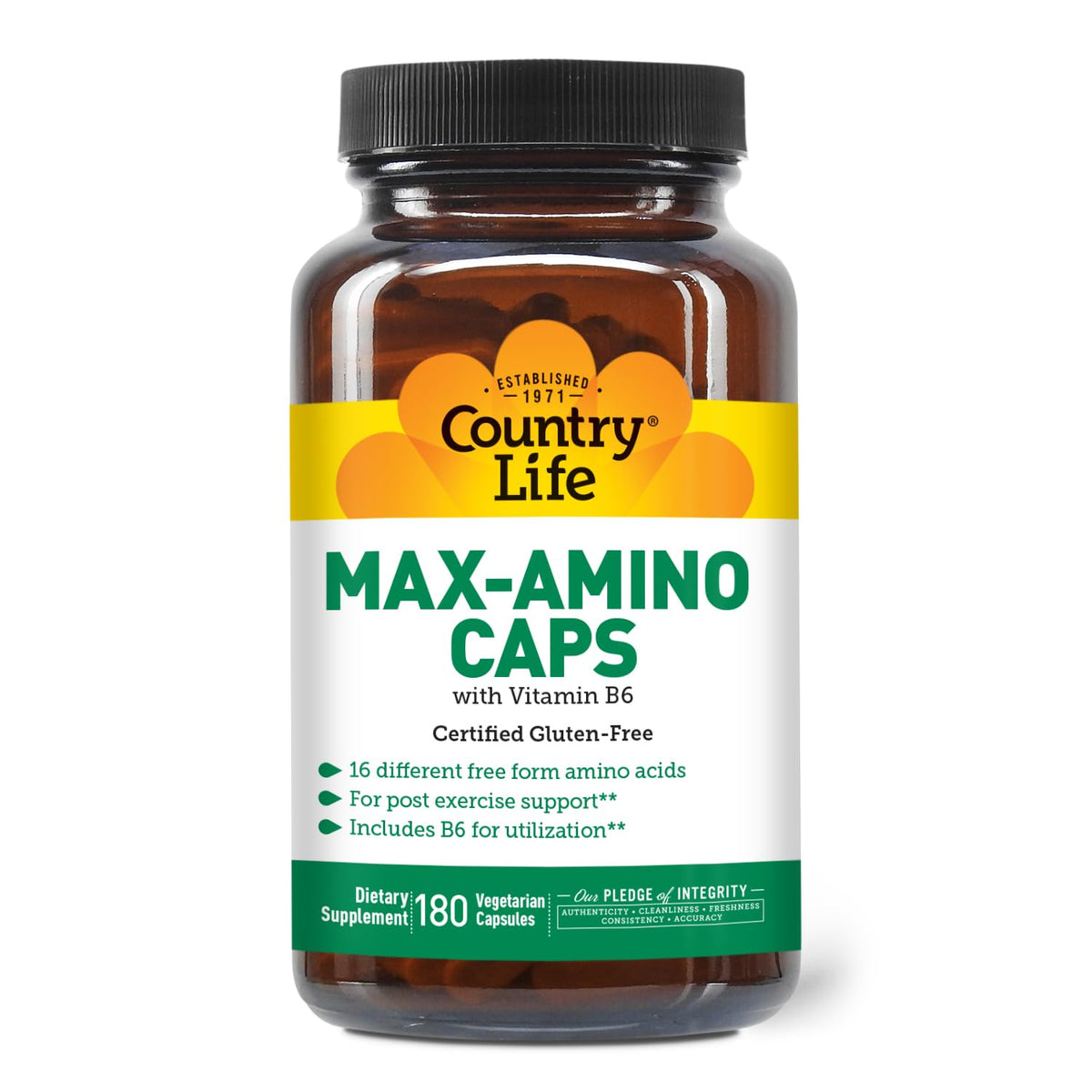 Country Life Maxi-Amino Caps frente a la botella, apoyo nutricional diario.